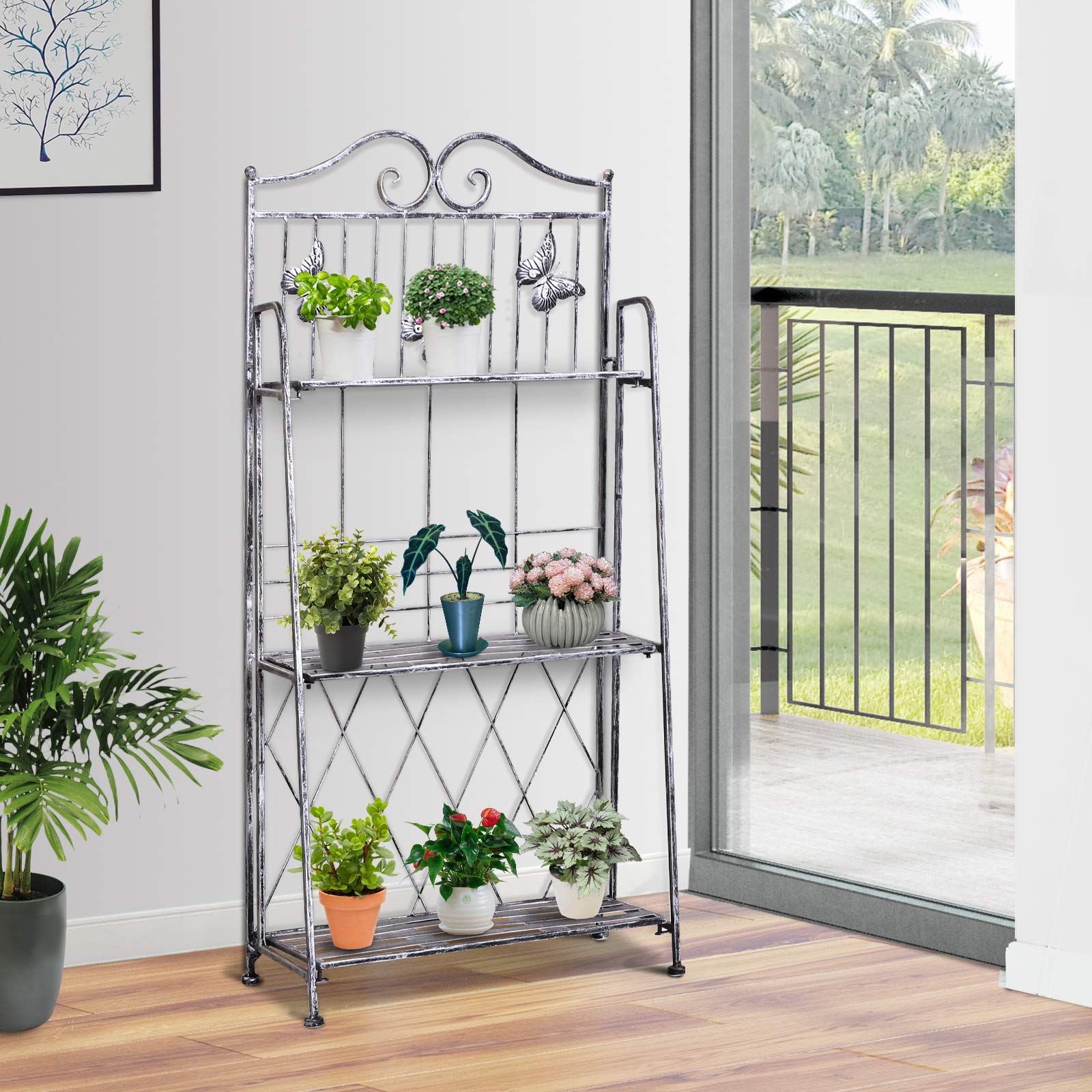 Fioriera 3 Ripiani Pieghevole Porta Piante Esterno 44x25x96 cm Argento | Balcone, Giardino, Metallo