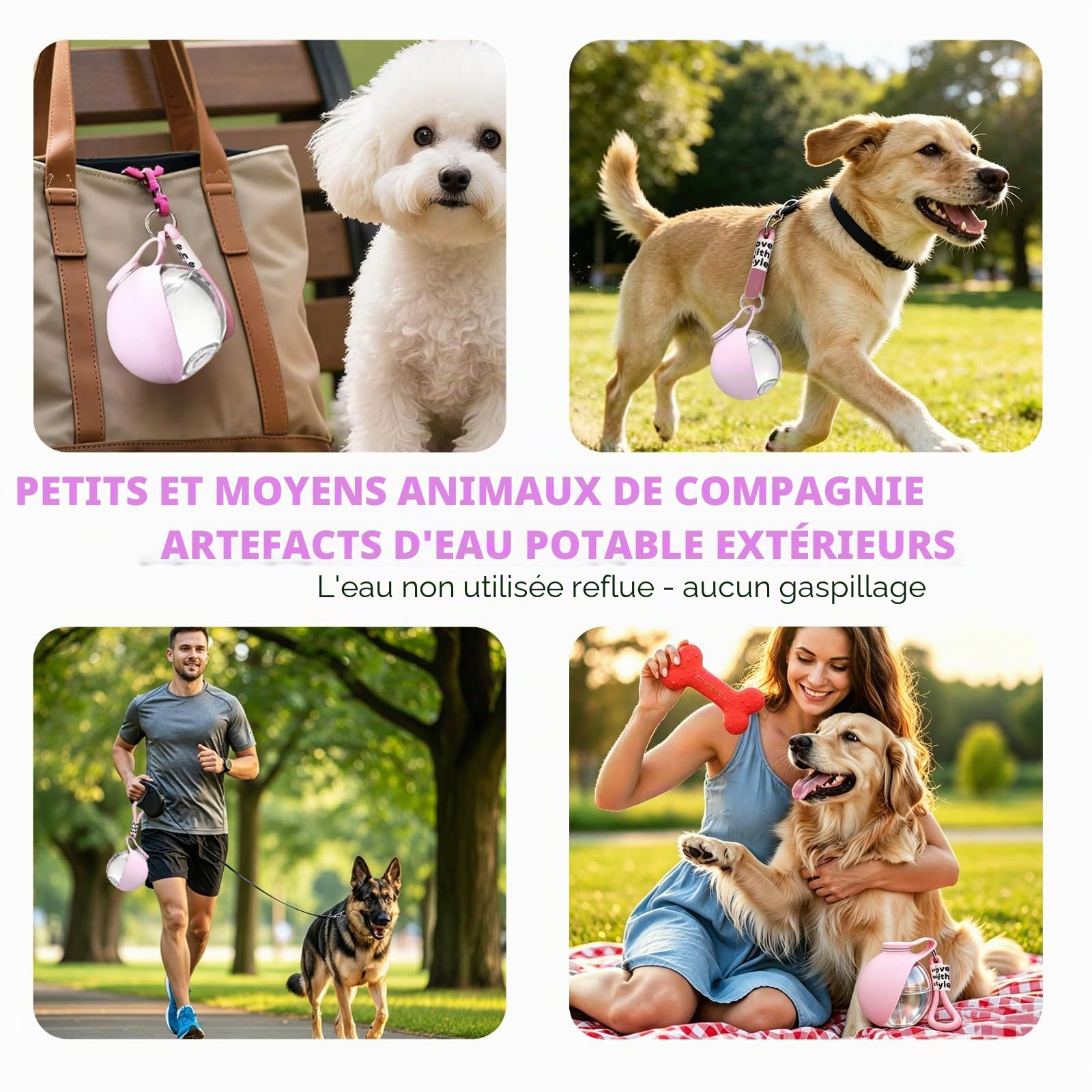Gourde pour chien en déplacement, 285 ml, avec gamelle en silicone pliable, design anti-fuite, récipient transparent, légère, randonnée, voyage, sans BPA, rose
