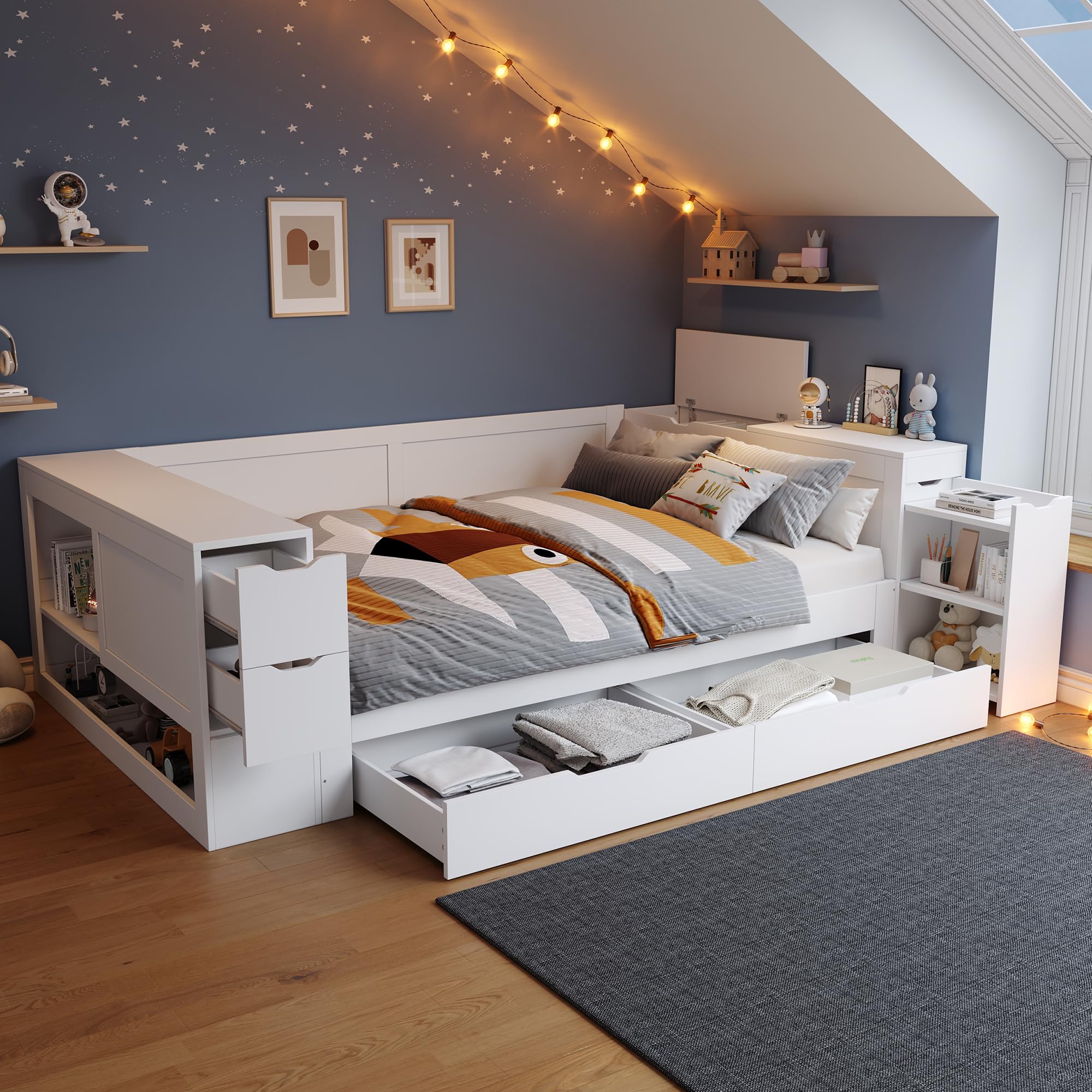 Kinderbett 140x200 cm, Doppelbett mit Regalen und Stauschrank, Stauraumbett mit Schubladen, Bettkasten mit Nachttischen, für Erwachsene und Jugendliche, Weiß, ohne Matratze