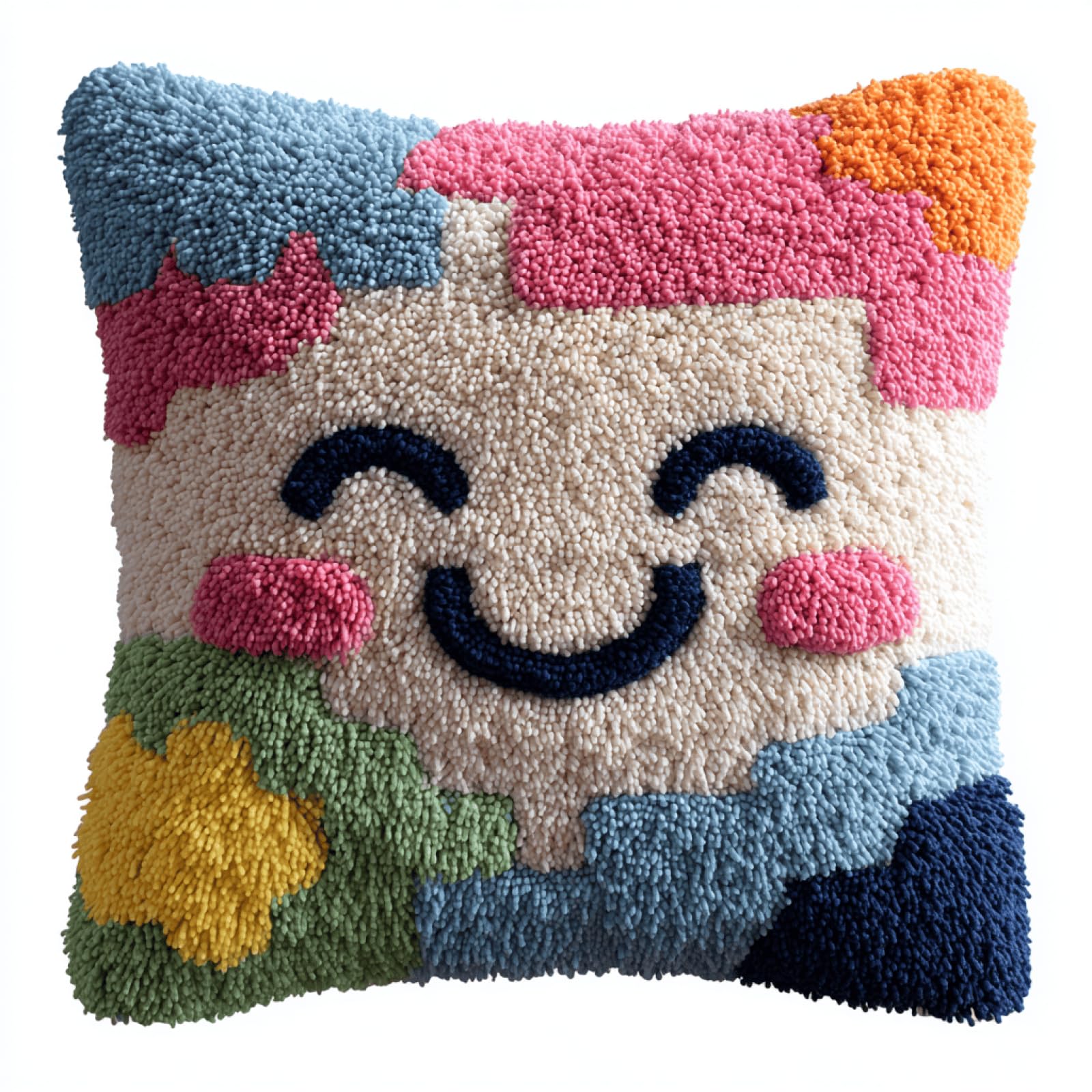 Taxpy Beginner Friendly Latch Hook Cushion Kit,Cute Smiley Face,17x17in Pillow Cover with Printed Canvas,Complete DIY Craft Set with Soft Yarn,Hook and Instructions