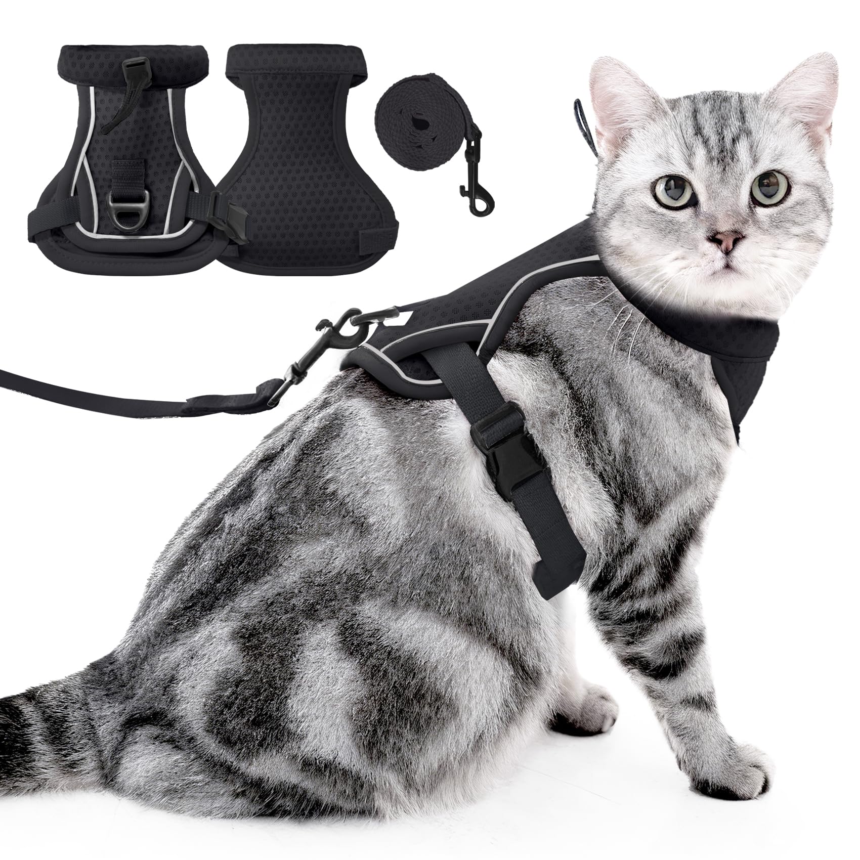 PAWIVID Cat Harness and Leash Set - Escape Proof, Adjustable Breathable Vest Harnesses with Reflective Strips, Easy Control & Secure Walking for Small Medium Large Cats Kitten Collar (Black, Small)