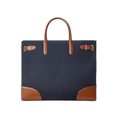 Lauren Ralph Lauren Print Canvas Large Devyn Tote Bag Handbags French Navy/Lauren Tan