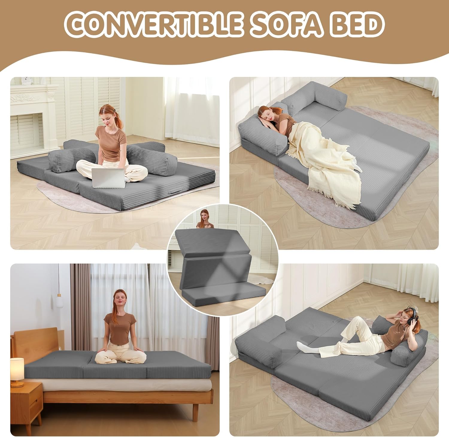 5-in-1 Convertible Folding Sofa Bed,Queen Tri-Fold Mattress with Removable L-Shaped Armrests,Corduroy Boneless Couch Floor Sofa Futon Couch Sleeper with Pull Out Bed for Living Room Bedroom Apartment