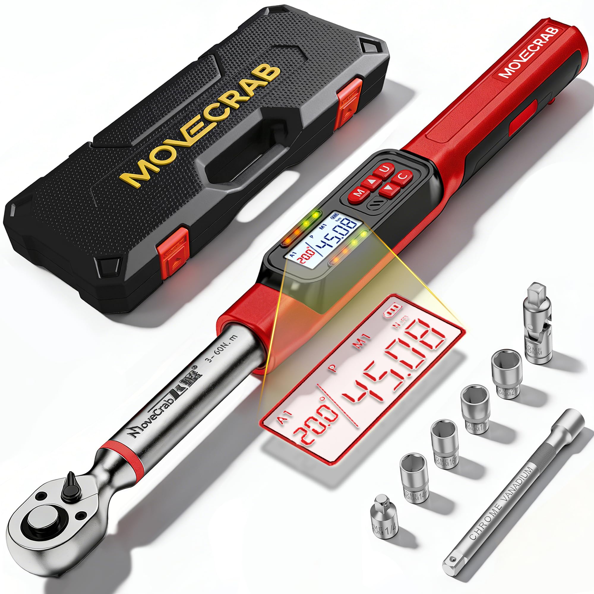 MOVECRAB 3/8" Drive Digital Torque Wrench with Angle 3-60 N.m, Angle Measurement 0.1° with LED Display & Buzzer, for DIY Auto Car Motorcycle Repair & Engineering
