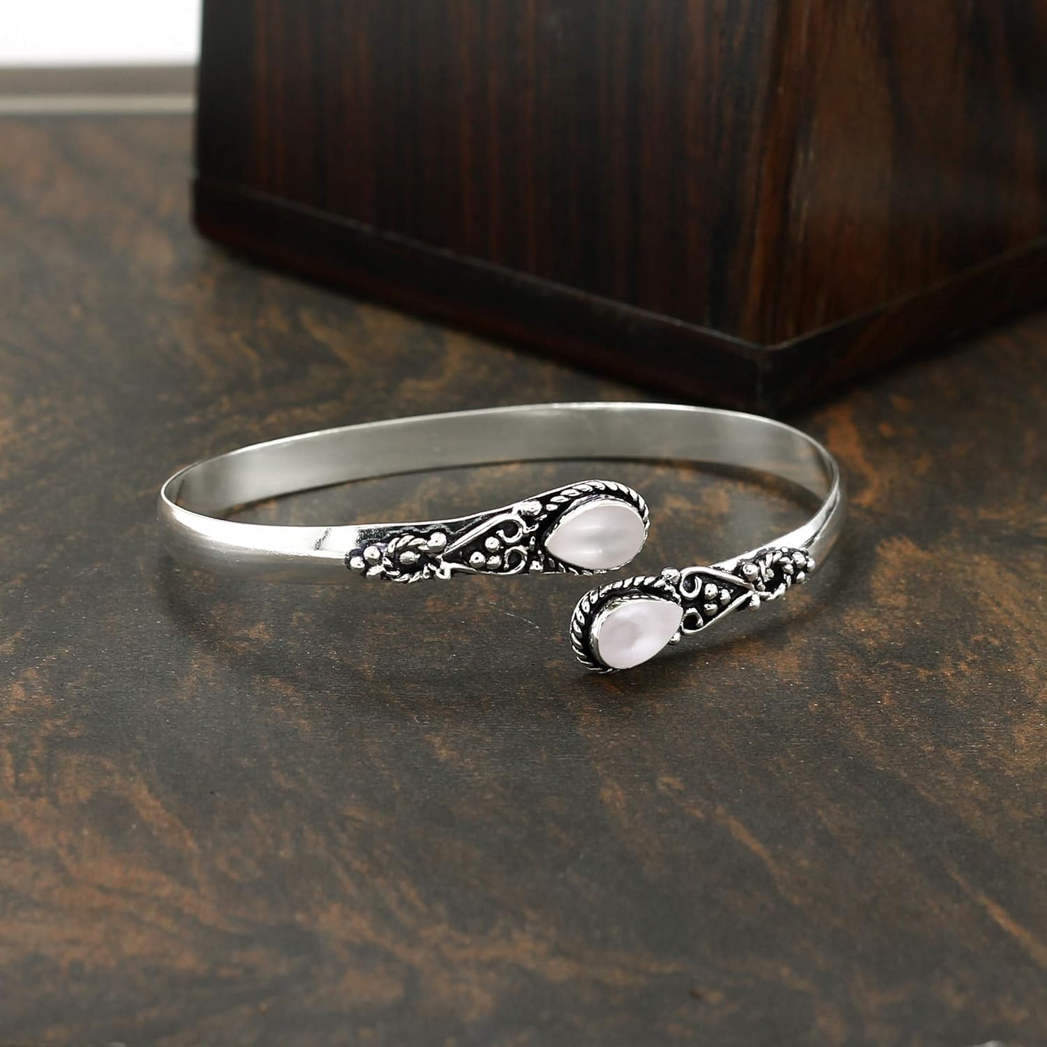 Pear Shape Natural Gemstones Bangle for Women - 925 Sterling Silver Plated Handmade Cuff Bracelet - Birthstone Adjustable Open Bangle Jewelry - Gift for Wedding Anniversaries Valentine's Day Christmas - Image 4