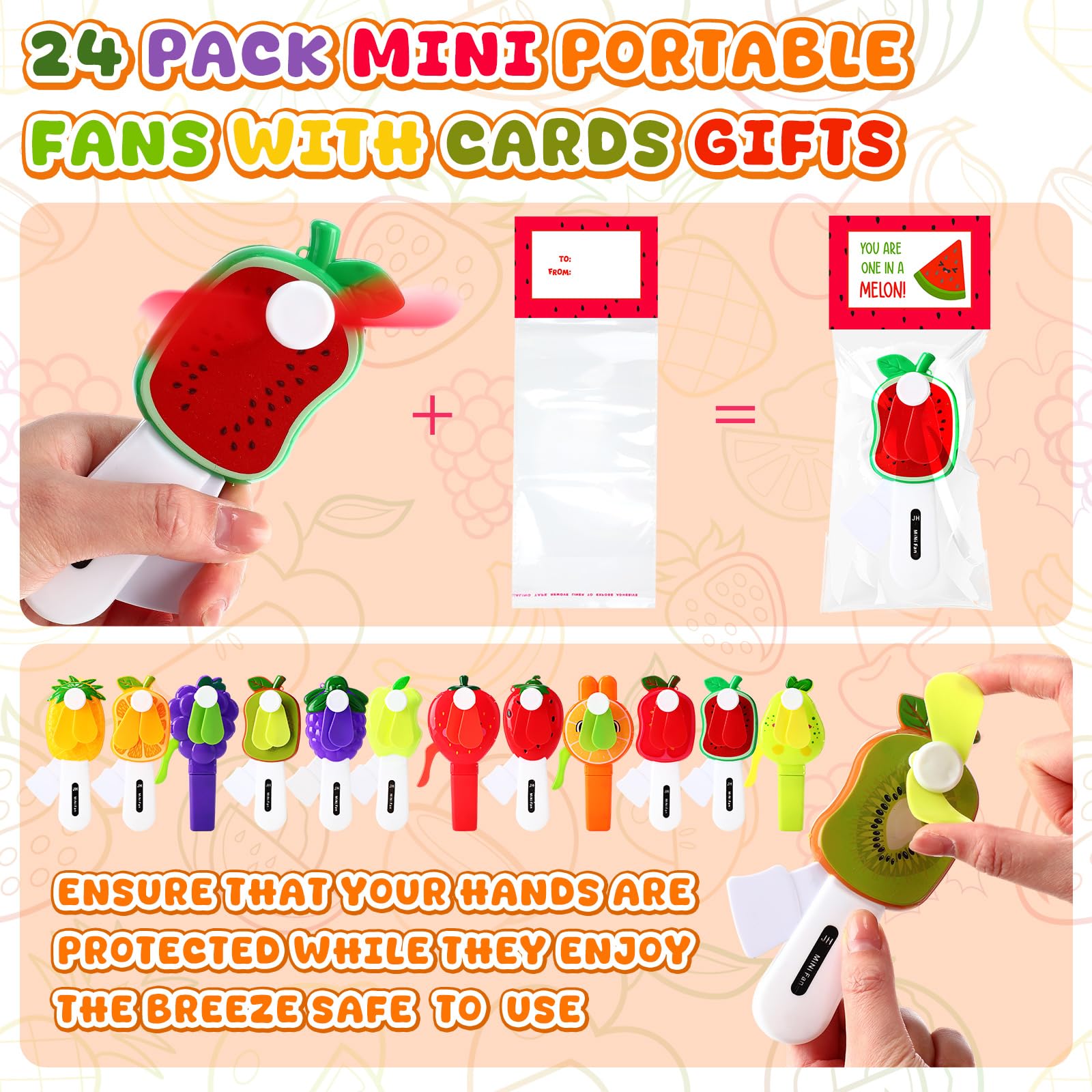 Confezione da 24 mini ventole portatili con schede, ventola di raffreddamento a pressione, frutta | Regali per fan Bulk per carino estate compleanno fine anno piscina festa spiaggia attività all'aperto scambio premi