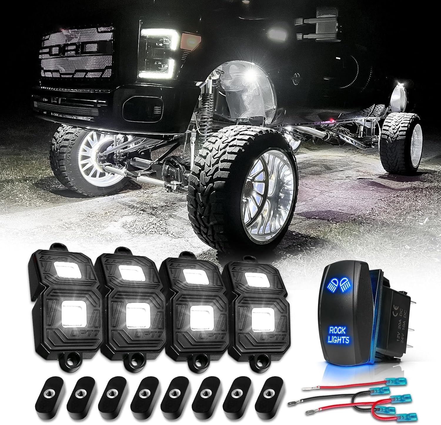 OPT7 Photon Pure White LED 4 Black Pods Magnet Rock Lights with ON/Off Rocker Switch Blue, Wide Angle IP68 Waterproof for Offroad Truck Jeep RZR ATV UTV SUV