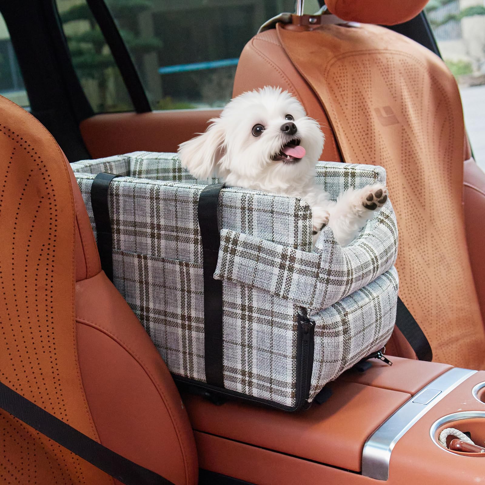 Dog Car Seat for Small Dogs - Portable Center Console Booster Seat with Anti-Collapse Design & Safety Tethers, Pet Travel Carseat Up to 15 lbs -Grey