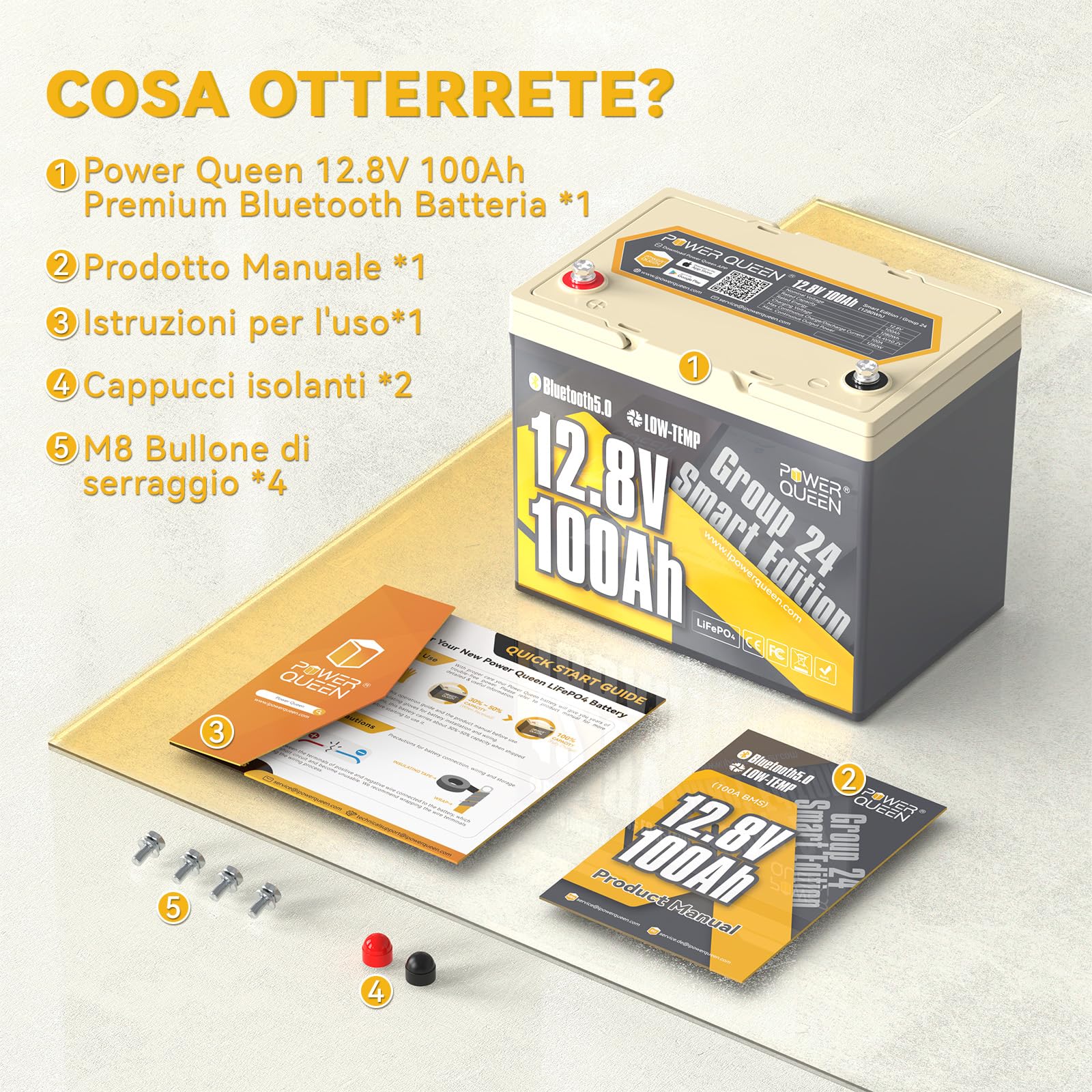 Power Queen 12V100Ah Bluetooth Gruppo24 Batteria al litio LiFePO4,Protezione dalle Bassa Temperatura con 100A BMS, Energia 1280Wh,15000 Cicli per Rimorchio RV,Trolling motor,Barco,Solare,Fuori Rete.