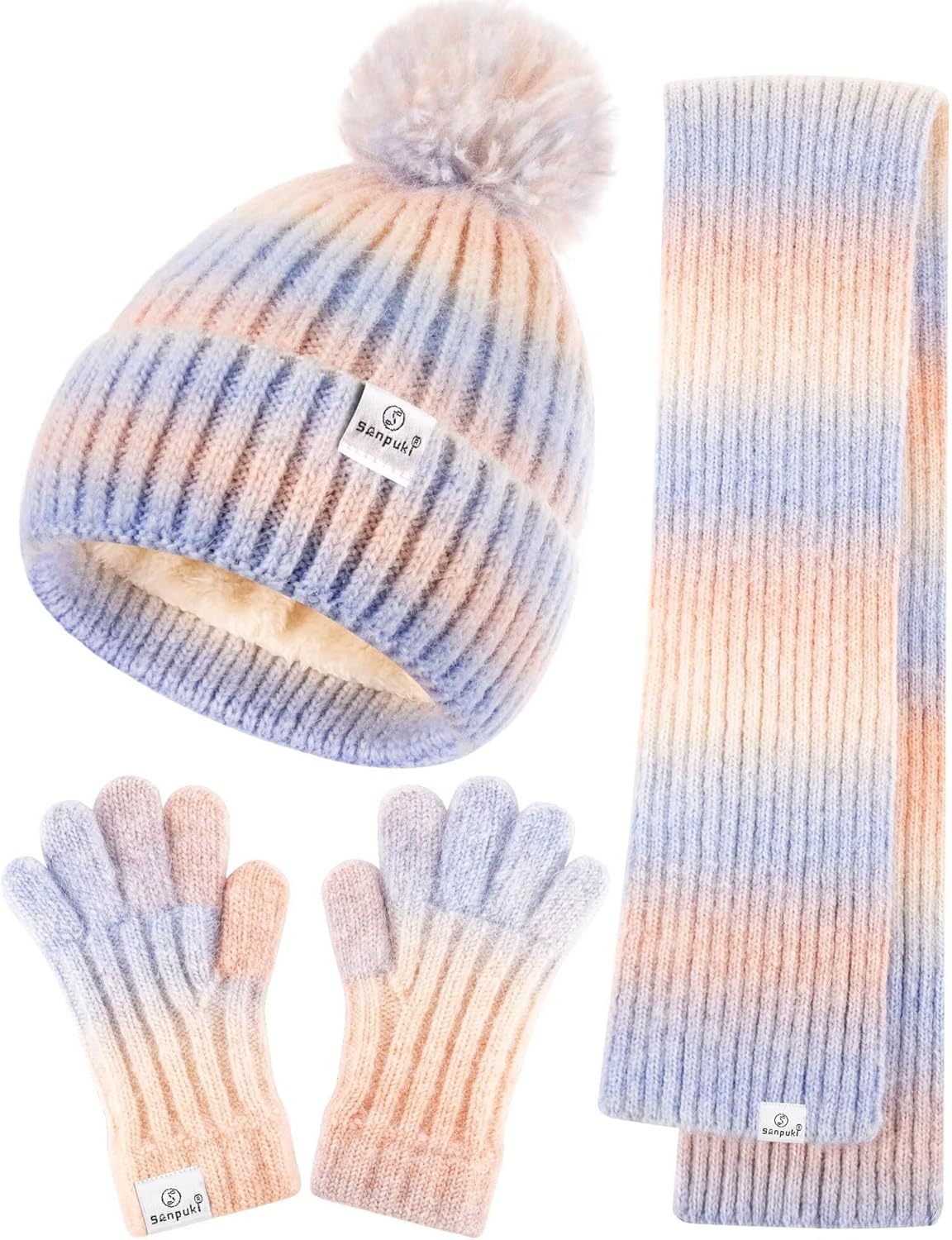 Kids Winter Beanie Gloves Scarf Set,Girls Toddler Winter Hat With Pom Neck Warmer Gaiter Mittens Fleece Lined Set