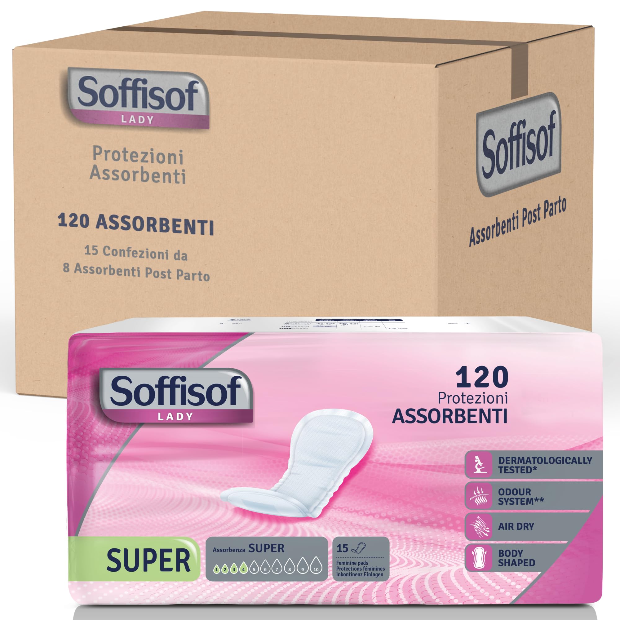Soffisof Lady Super - 120x Assorbenti Femminili Post Parto per Perdite Urinarie - 8 Confezioni da 15 Assorbenti Post-Parto Incontinenza Donna - Assorbenza fino a 4 Gocce