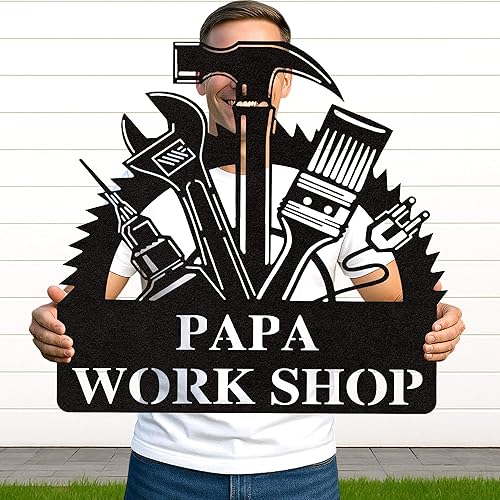 Miniatura 15 de Letrero de taller de garaje personalizado para hombres, arte de pared de metal con nombre personalizado para cobertizo mecánico, decoración rústica