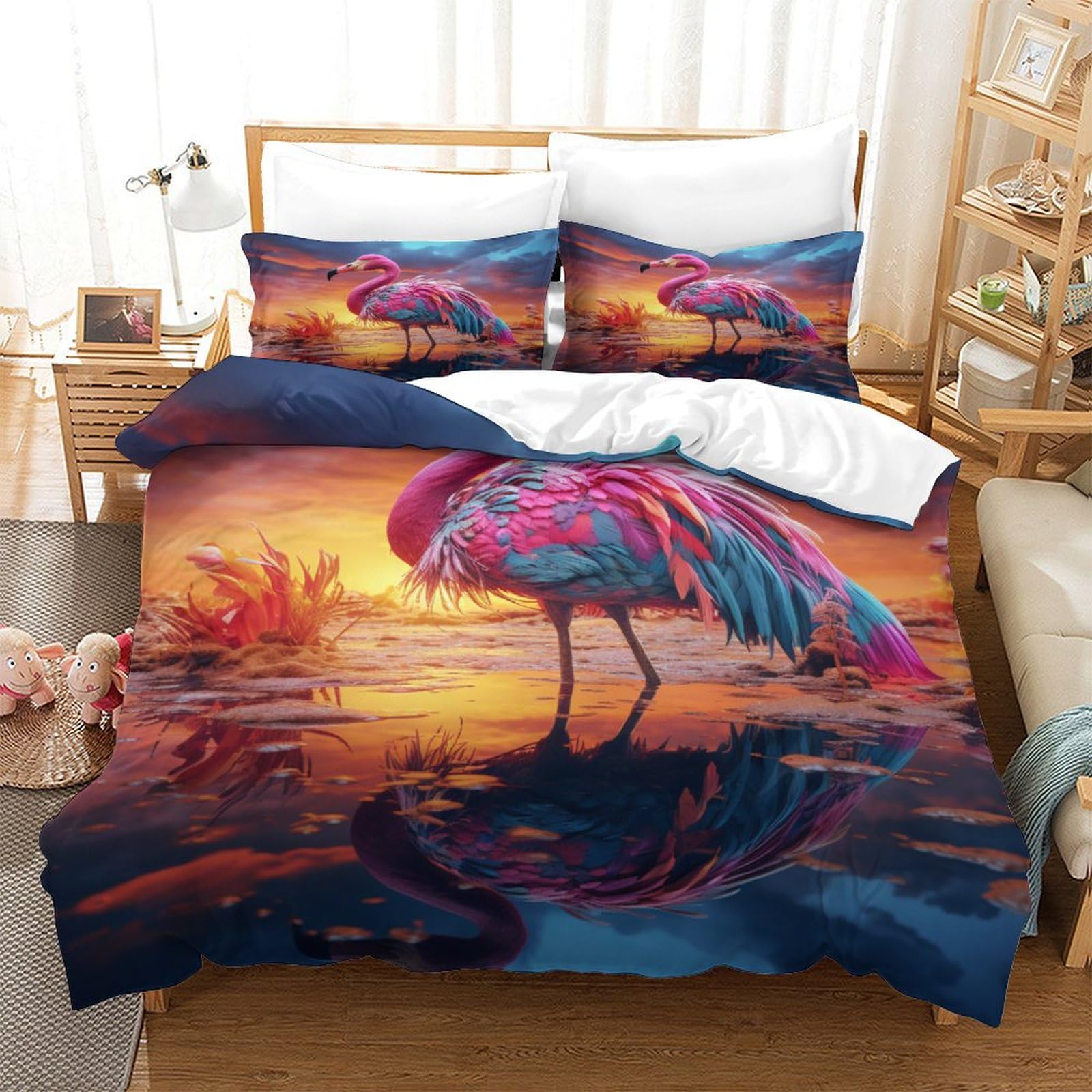 P1S9U7W5Y Sunset Flamingo 3D Printed 3 Piece Microfiber Duvet Cover Set, Flamingo Bedding Set for Bedroom Decor, Breathable Soft Gift for Adults & Teens Double（200x200cm）