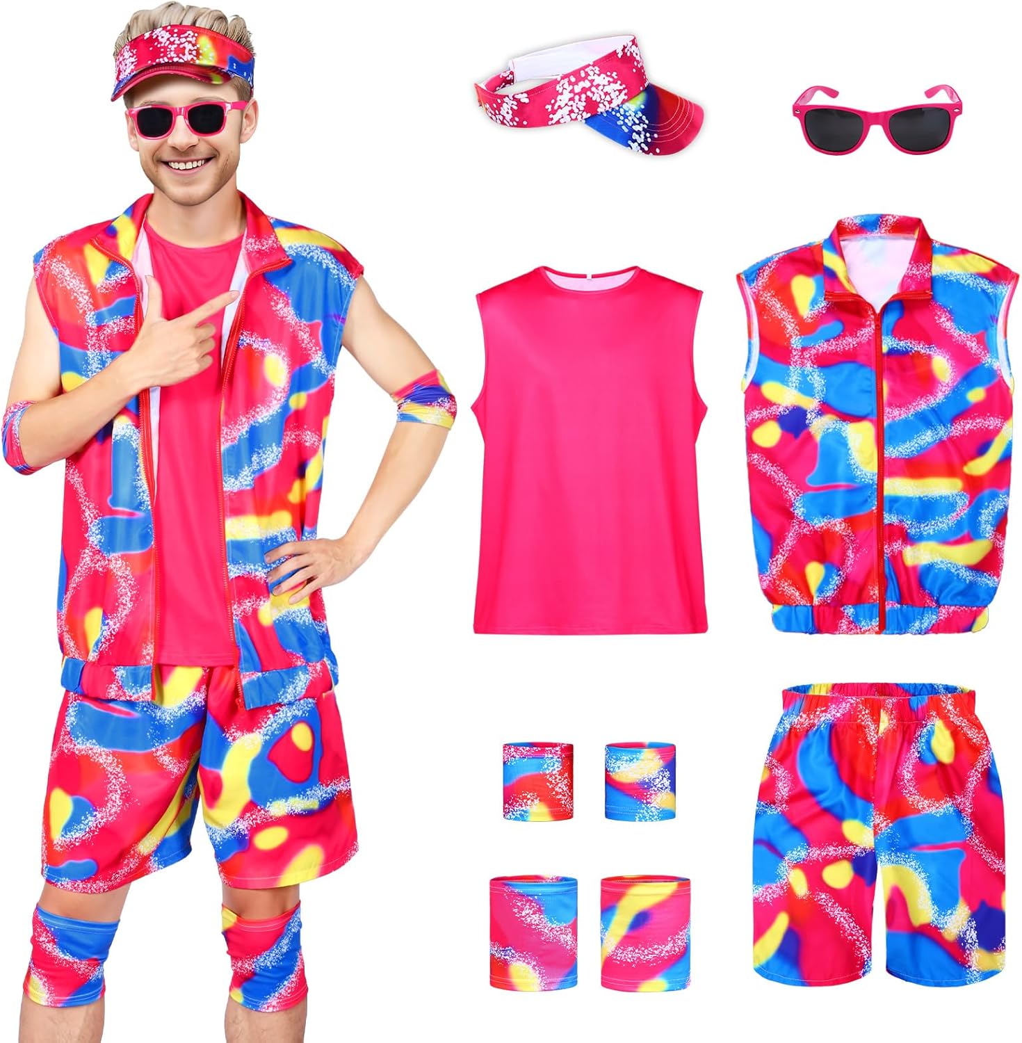 Party Bloom 80s Workout Costume for Men Halloween Cosplay Couples Outfits Tank Top Vest Beach Shorts Sun Visor Small Red
