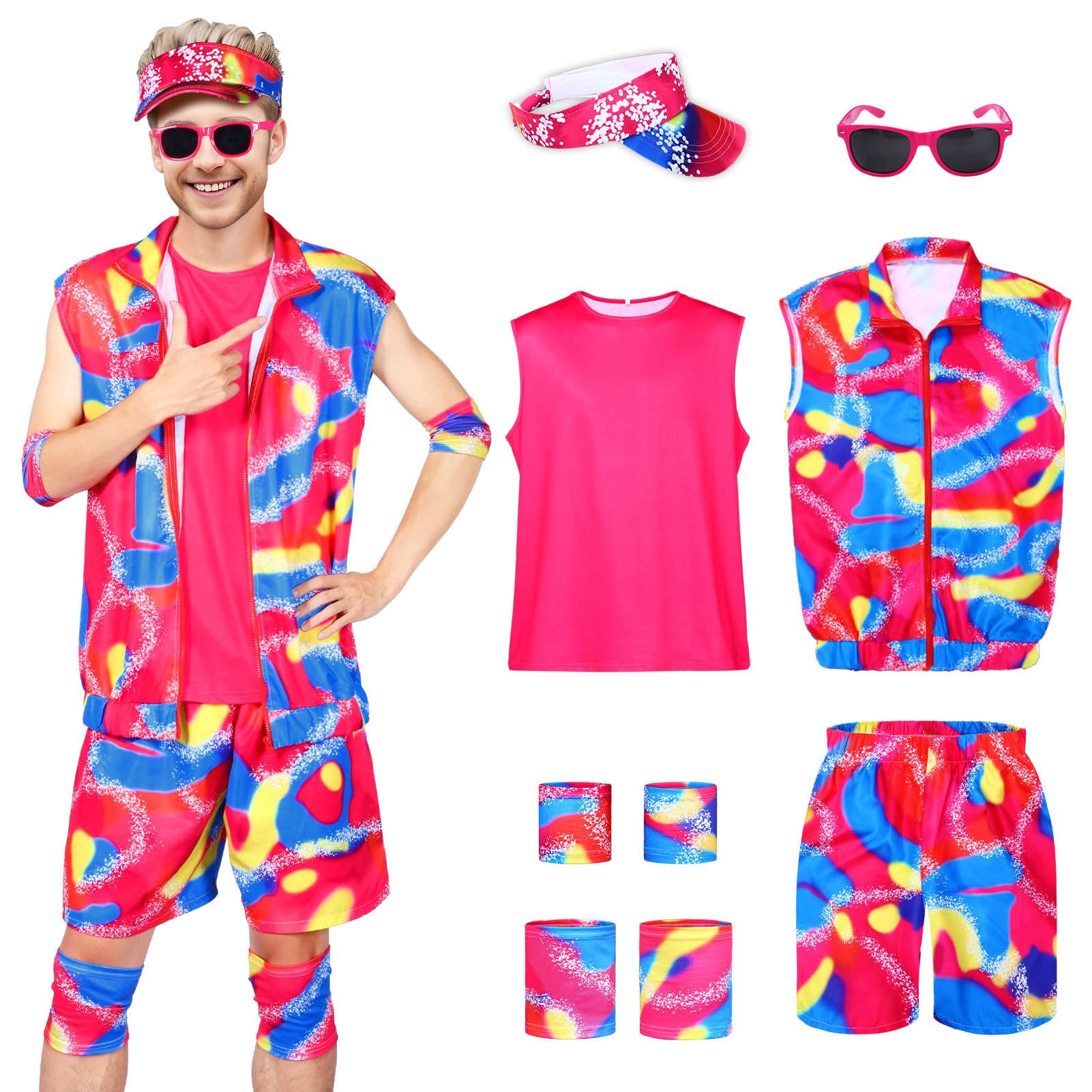 Party Bloom 80s Workout Costume for Men Halloween Cosplay Couples Outfits Tank Top Vest Beach Shorts Sun Visor