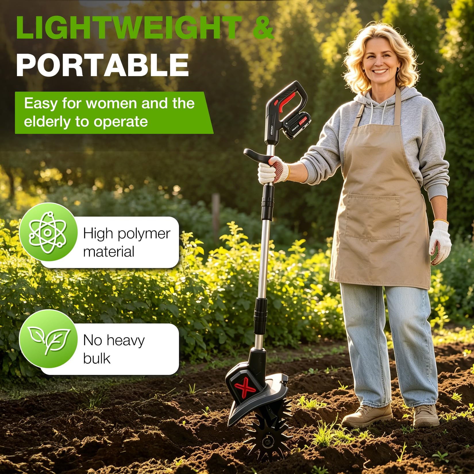SHALL 21V Motozappa elettrica , completa di 2 batterie e caricabatterie，Area di lavoro: 22,8 cm x 16,8 cm, ideale per la lavorazione di prato, giardino e terreno