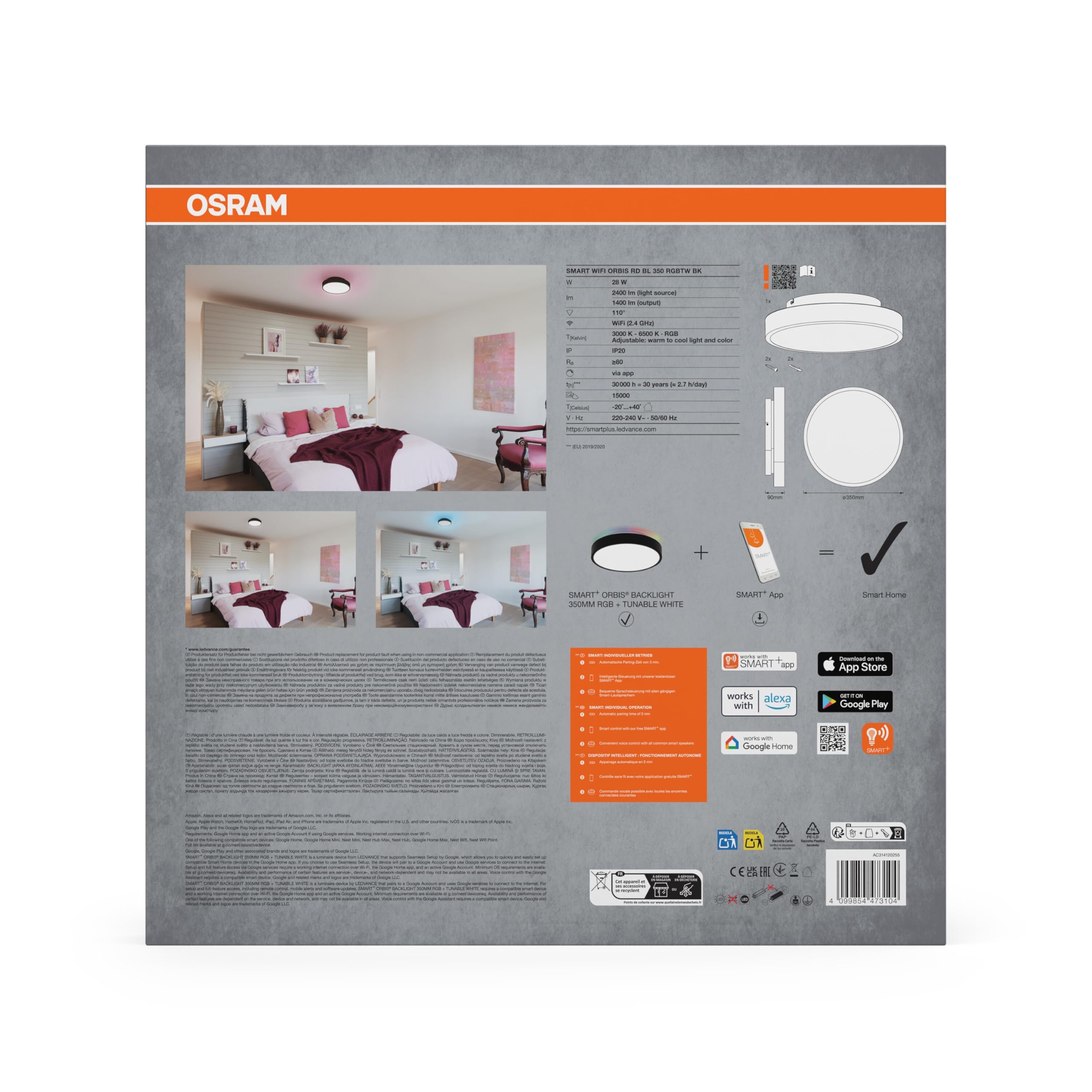 OSRAM SMART+ WiFi Orbis Backlight LED kinkiet 350mm, 28W, 1400lm, TW 3000-6500K, RGB, Alexa, Czarny