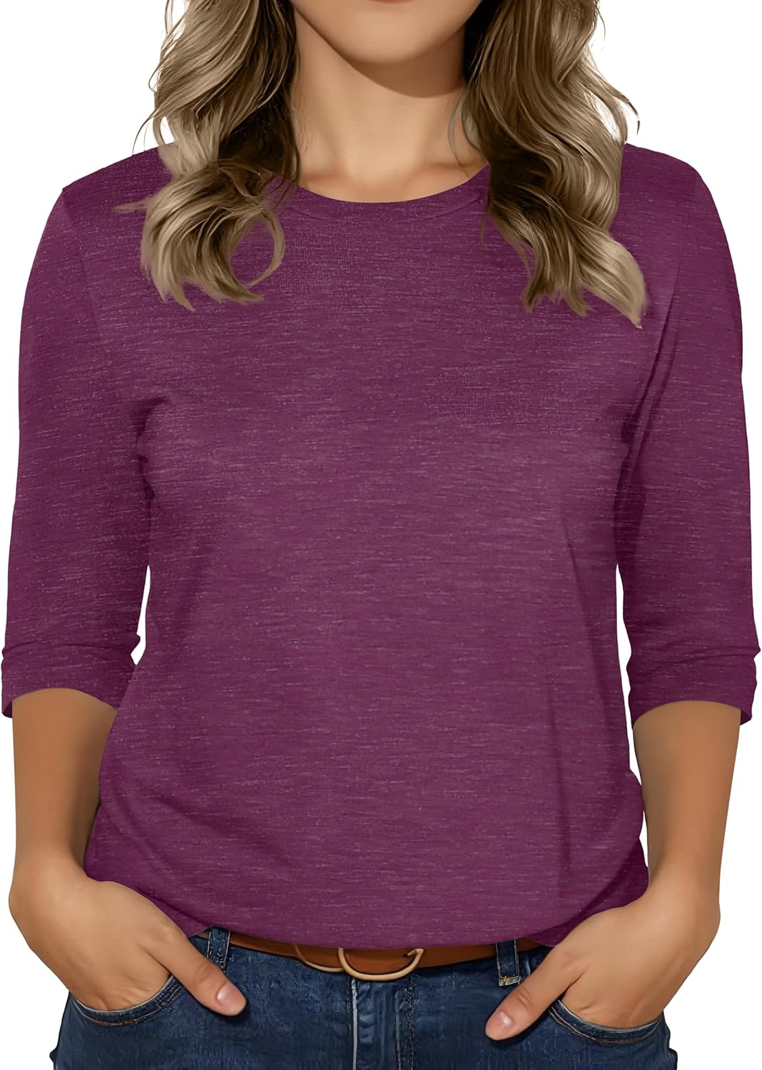 3/4 Sleeve Tops for Women Basic Crew Neck Spring Blouses Casual Fit Fall T Shirts