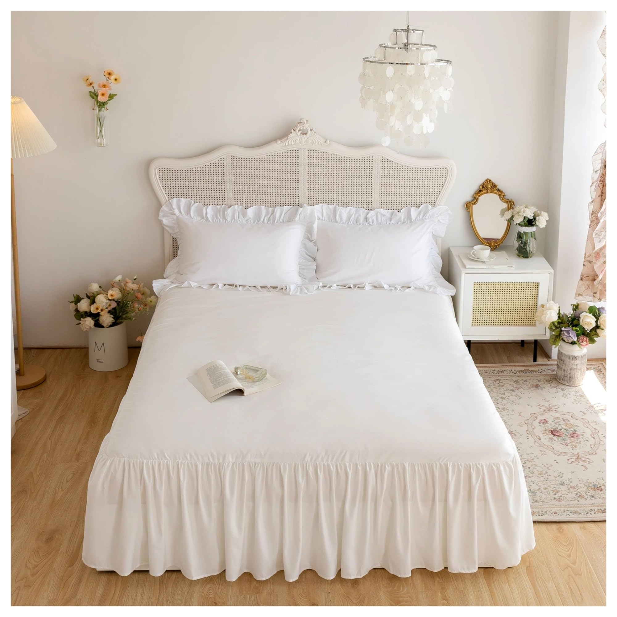 1 x Bettrock aus 100 % Polyester, einfarbig, plissiert, groß, breit, Spitze, bequem, weich, 153 x 203 cm