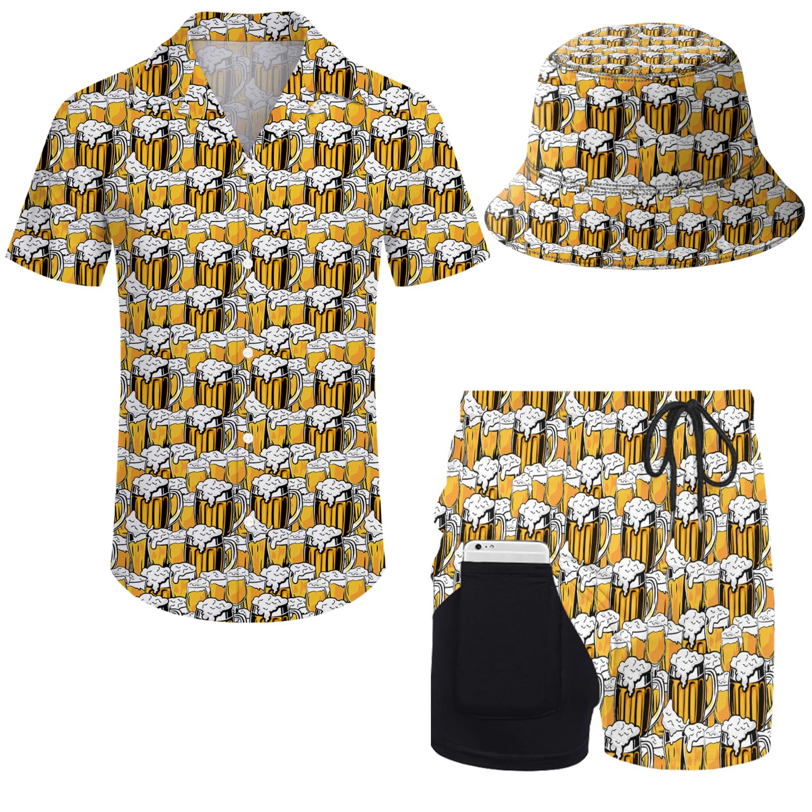 Mens 2 Piece Tracksuit Hawaiian Button Down Shirt And Compression Liner Shorts Sets With Bucket Hats