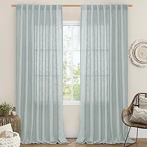 LAMIT Extra Wide Linen Curtains for Bedroom, Light Filtering Faux Linen Textured Panels Semi Sheer Back Tab and Rod Pocket Boho Drapes for Living Room/Farmhouse, 2 Panels, Greyish Blue, 60 x 84 Inch