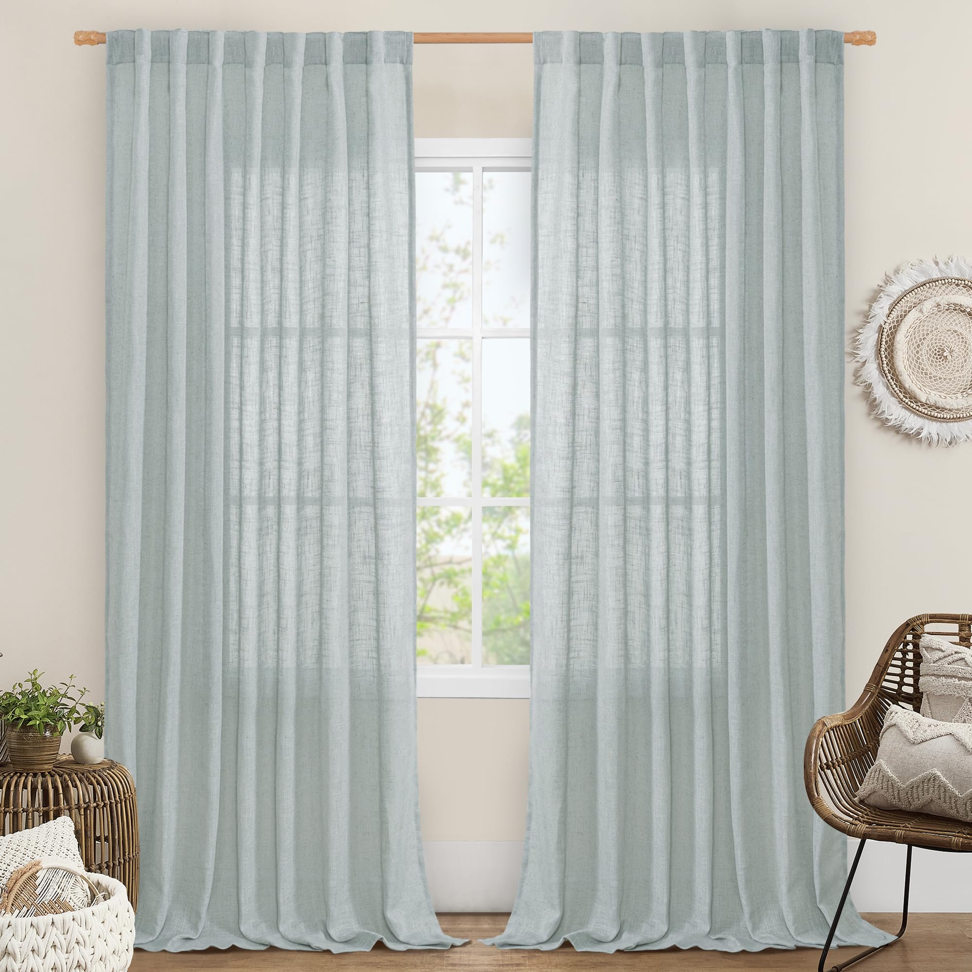 LAMIT Extra Wide Linen Curtains for Bedroom, Light Filtering Faux Linen Textured Panels Semi Sheer Back Tab and Rod Pocket Boho Drapes for Living Room/Farmhouse, 2 Panels, Greyish Blue, 60 x 84 Inch โ image 1