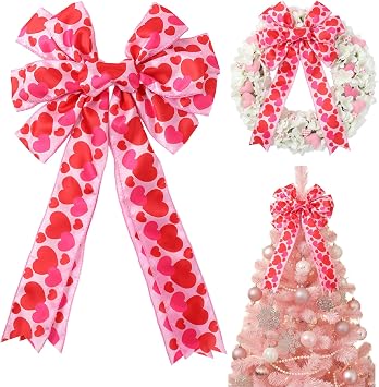Valentines Day Wreath Bow,11.4 x19.6 Inches Valentine Bows for Wreaths Decor Large Valentine Tree Topper Bow with Pink & Red Heart for Wedding Engagement Holiday Front Door Indoor Outdoor Decorations
