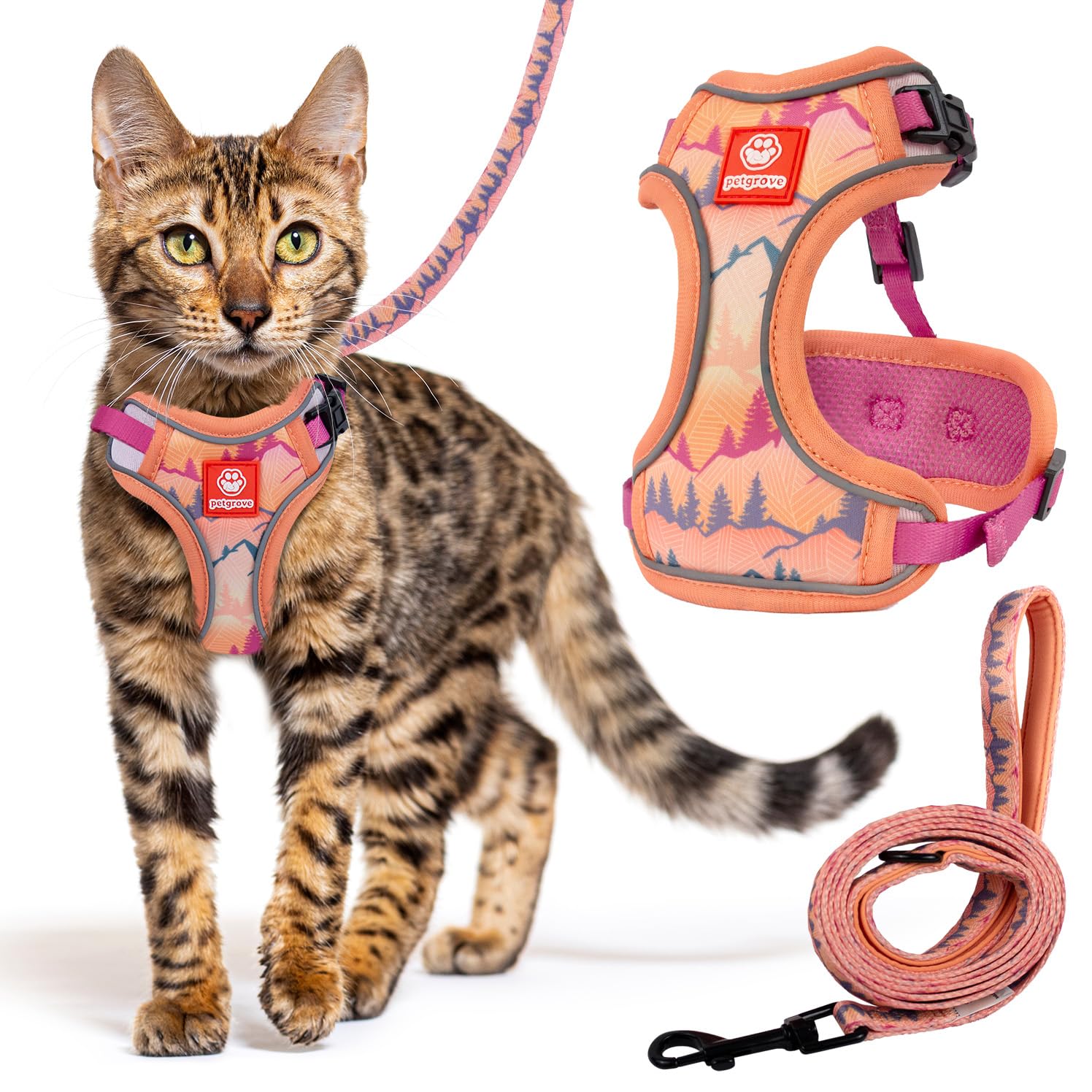 Cat Harness and Leash Set for Walking, Escape Proof Vest Harnesses for Cats, Breathable Mesh with Reflective Strips - (Sienna Mountains), X-Small