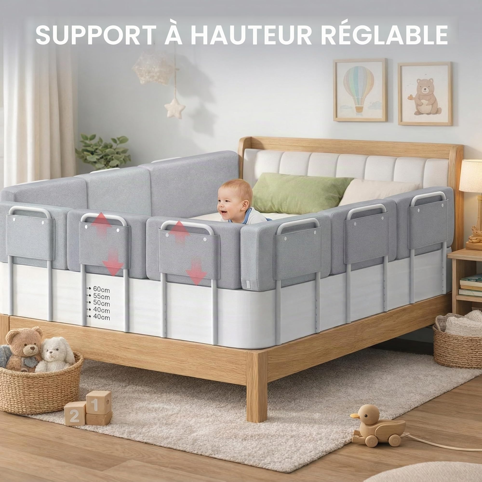 Barrière de Lit Bébé Rembourrée 60 Cm, Protection Anti-Chute pour Enfant, Barrière de Sécurité Douce en Tissu, Garde-Corps de Lit Stable et Confortable pour Bébé et Tout-Petits, Gris