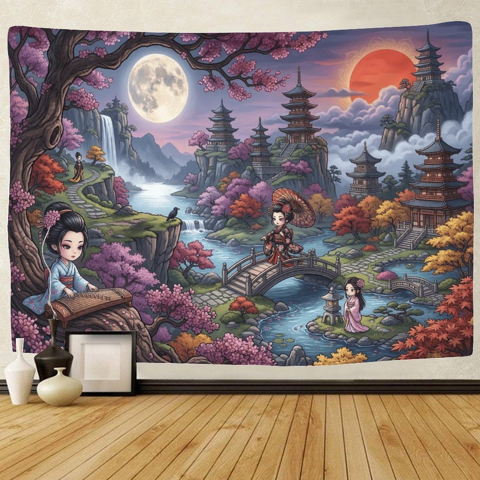 GPMNBCXZK Japanese Pagoda 3D Printed Wall Hanging for Bedroom Traditional Landscape Tapestry Decor 130cmx150cm