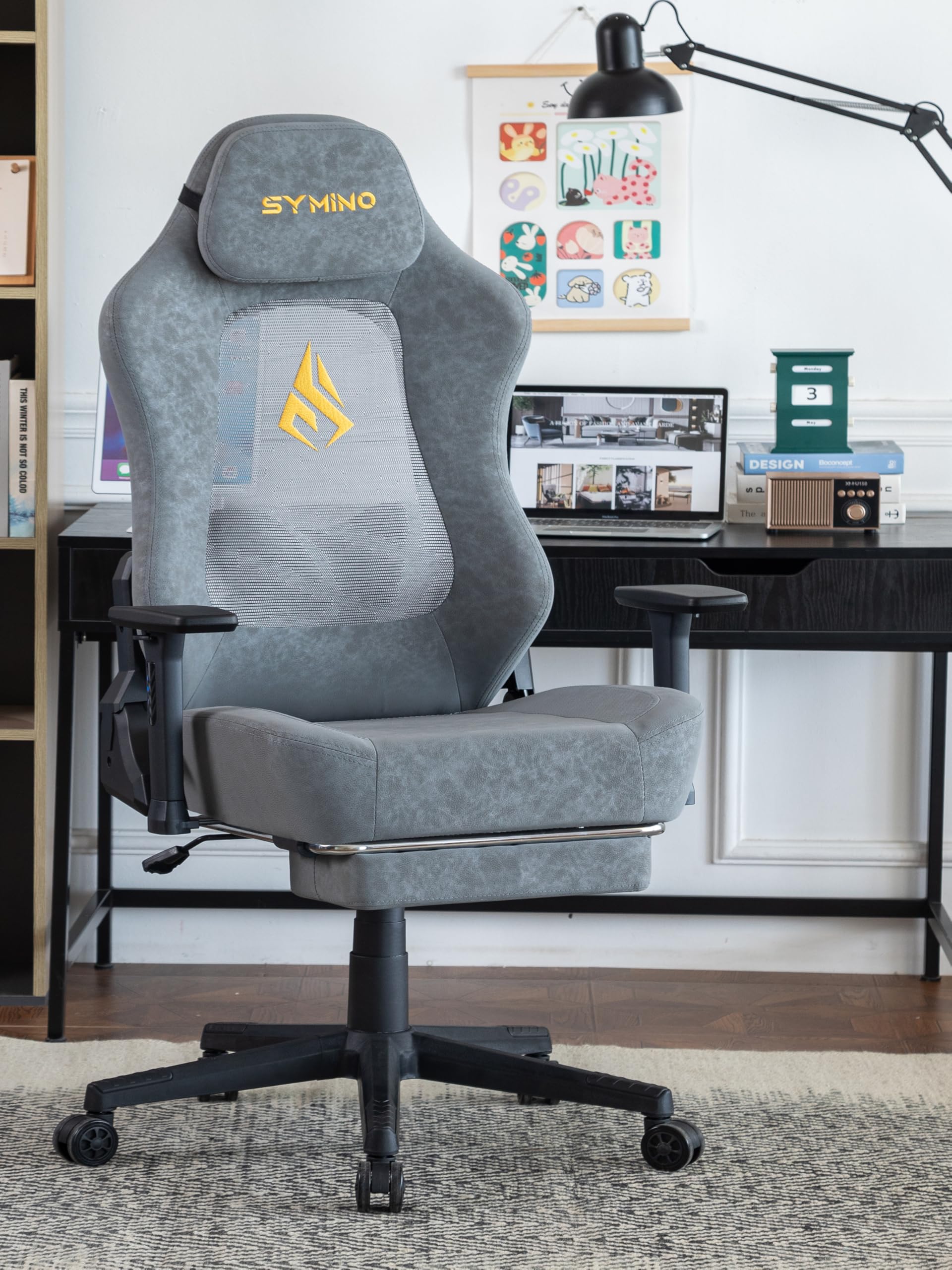 Symino Silla de Gamer Ergonómica, Silla Gaming con Soporte Lumbar Reposapiés, Silla de Oficina Ajustable y Giratoria Capacidad de Carga 150kg