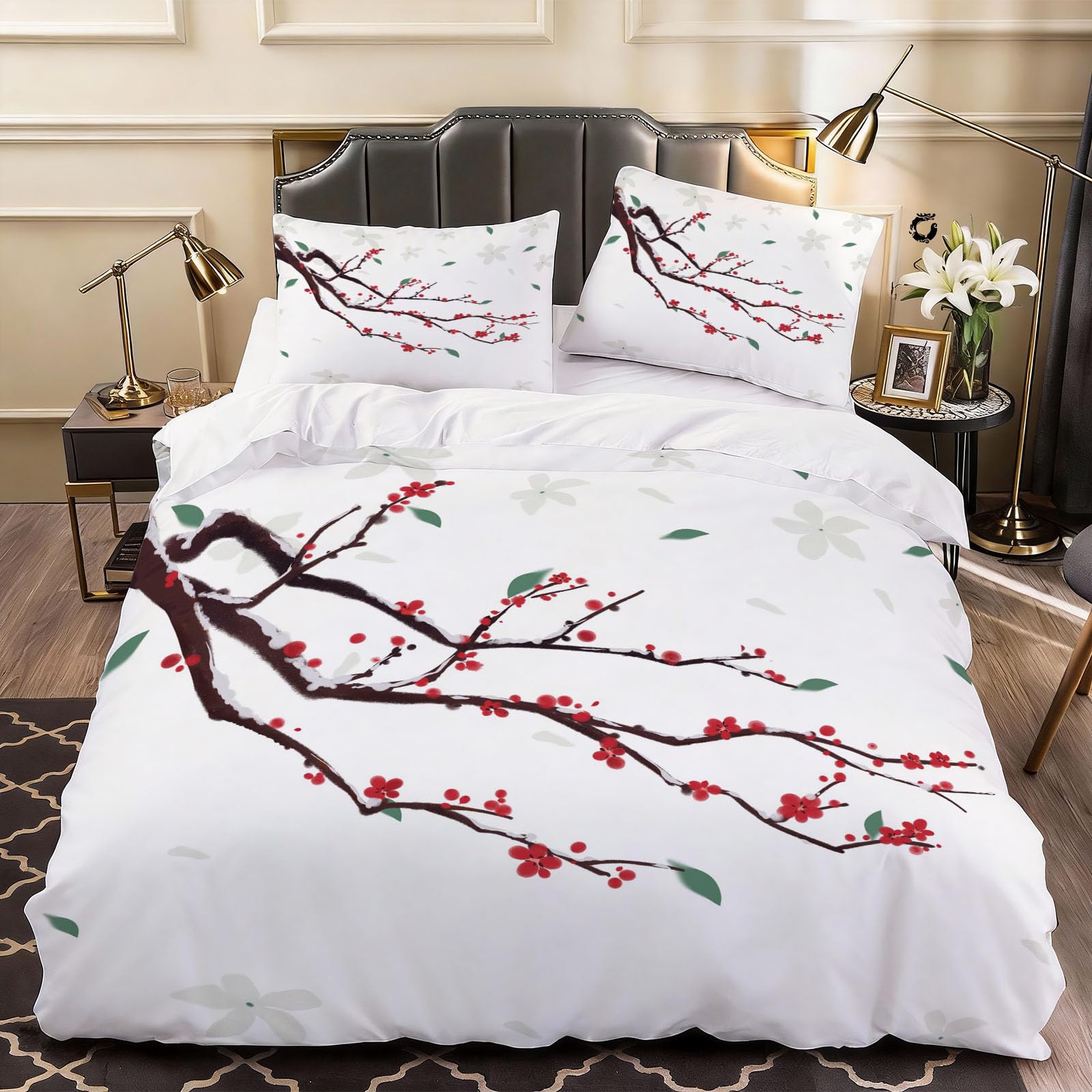 3D Pattern Plum Duvet Cover Blossoms Bedding Super King Bed Set, Soft Microfiber Comforter Cover Printed with Zipper Closure Quilt Coverr 260x220 cm and 2 Pillowcases