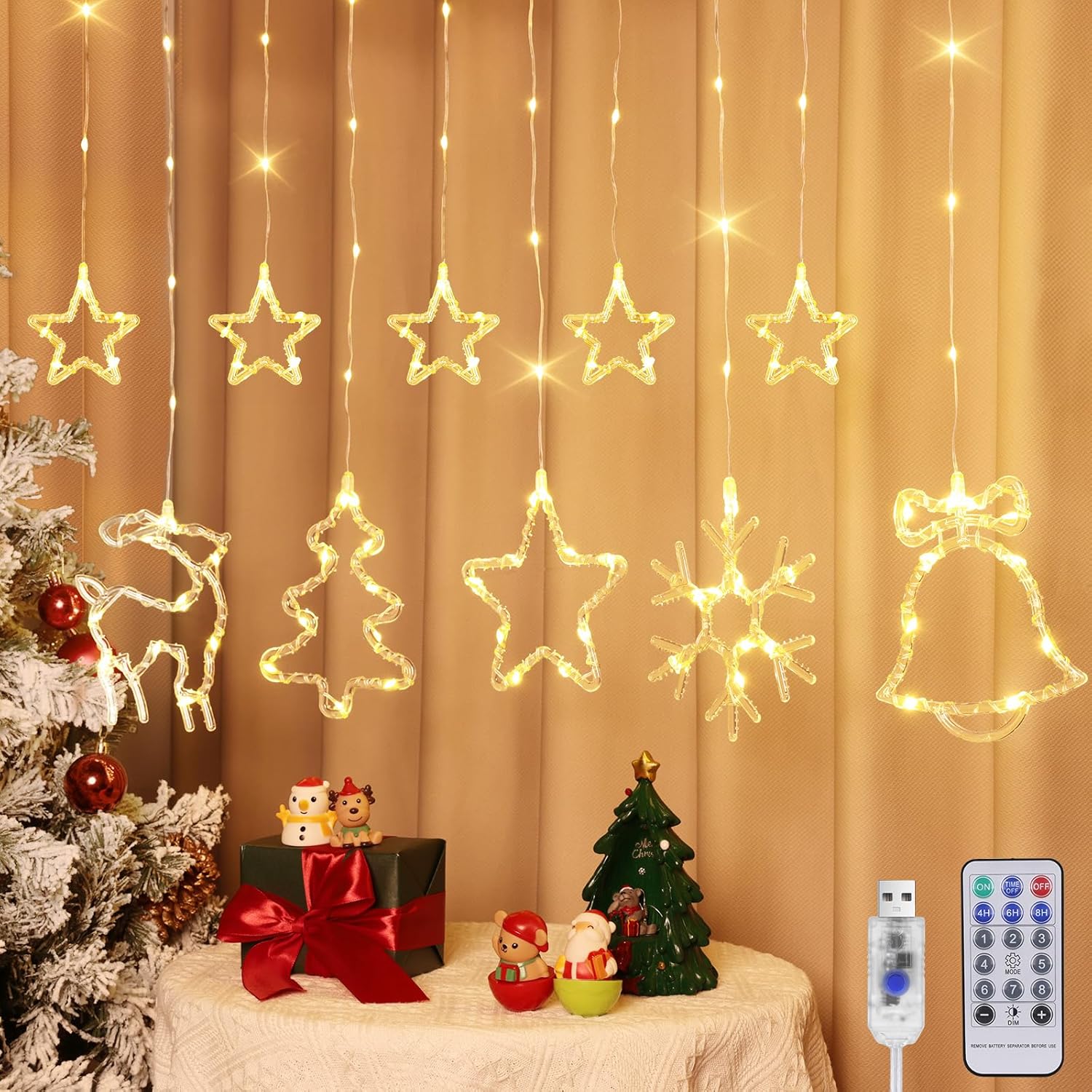 Brightever LED Curtain Lights, 10FT 120 LED Christmas Window Lights with Remote and USB Plug, 8 Lighting Modes & Dimmable Hanging Star String Lights for Bedroom, Backdrop, Holiday Indoor Outdoor Decor