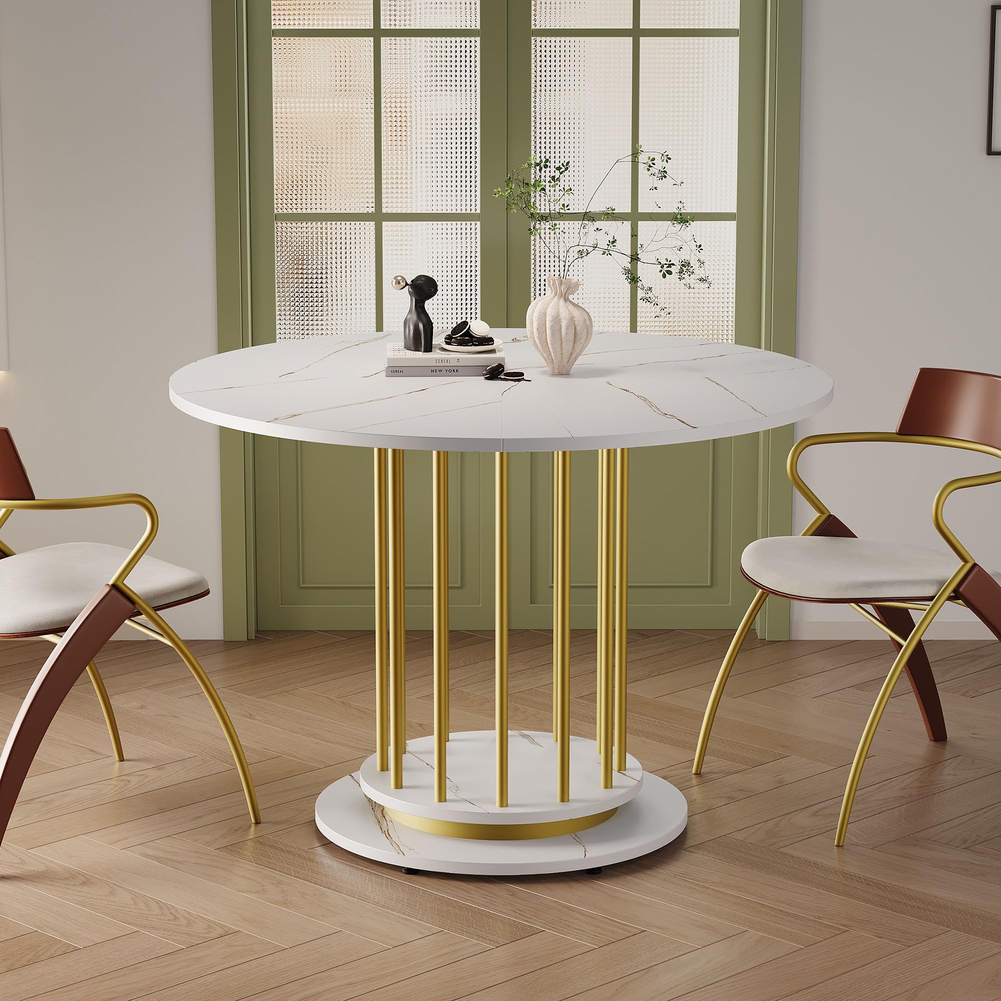 Nowoczesny okrągły marmurowy stół jadalny z metalową ramą, oszczędzający miejsce design dla 2-4 osób, idealny do kuchni lub salonu stylowe białe wykończenie