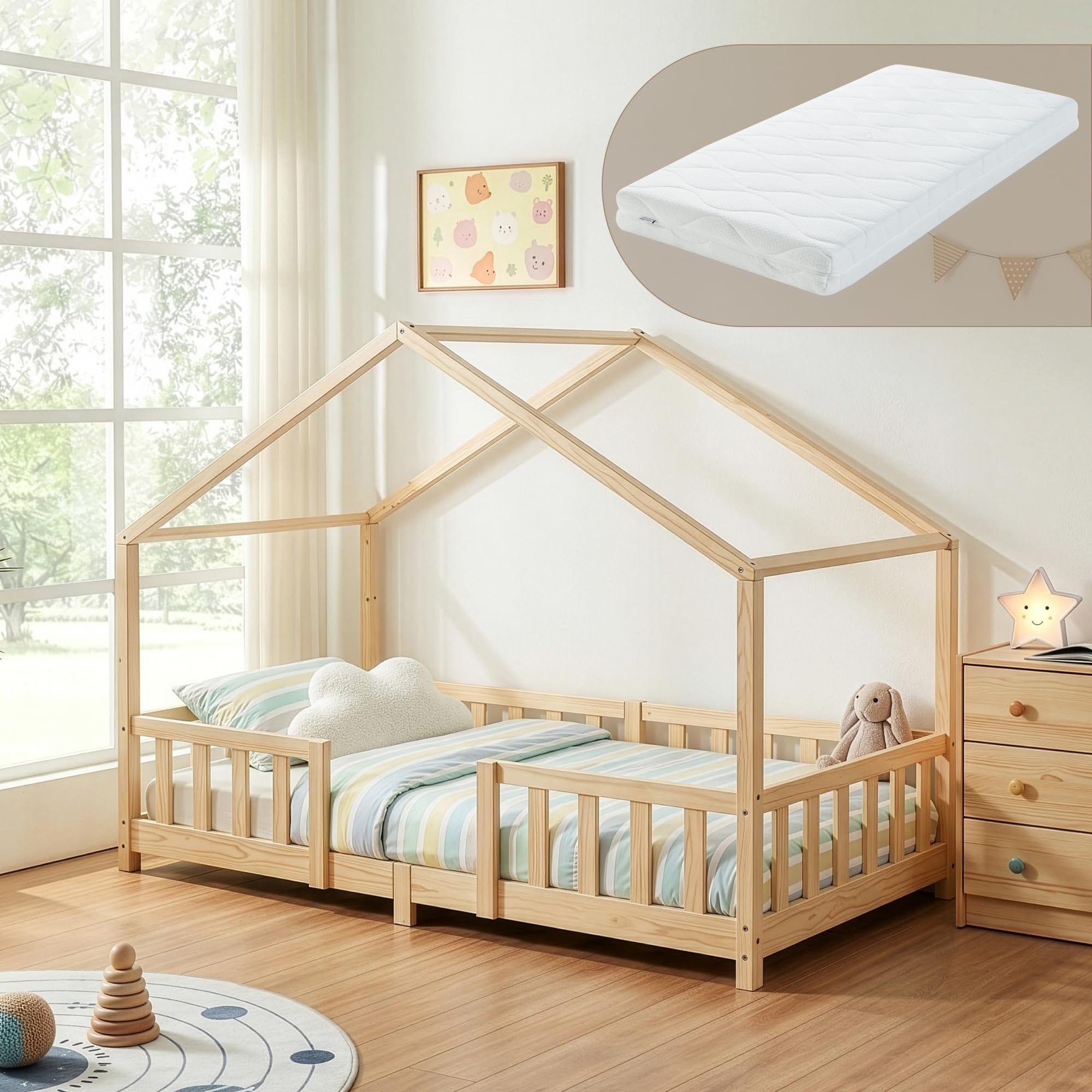[en.casa] Kinderbett Treviolo mit Matratze 90 x 200 cm Hausbett Holzbett für Kinder mit Rausfallschutz Montessori Bettgestell mit Lattenrost Spielbett Kiefernholz Holz Natur