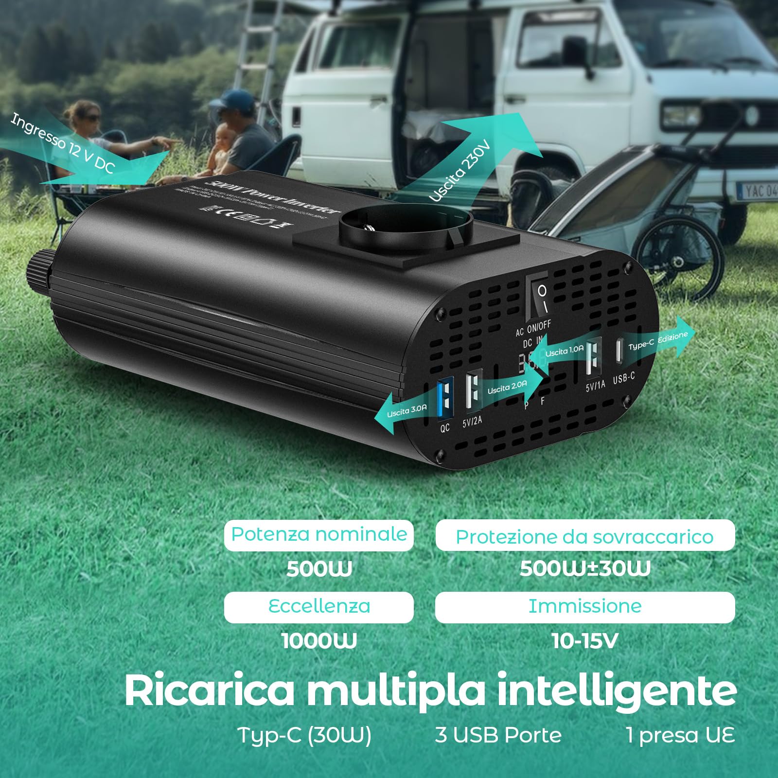 500W inverter 12v 220v, inverter auto con 1 presa, tipo C 30W, ricarica rapida USB 25W, 3 porte USB, display LED