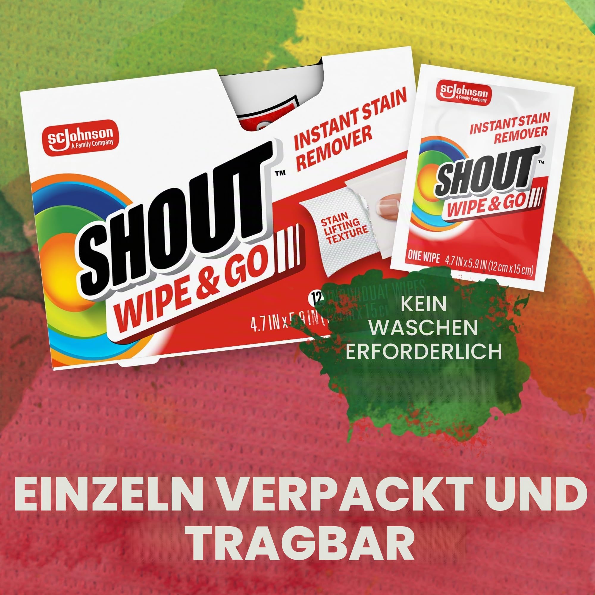 Shout Wipes – tragbare Fleckenreinigungstücher, 6er-Pack, 72 Tücher