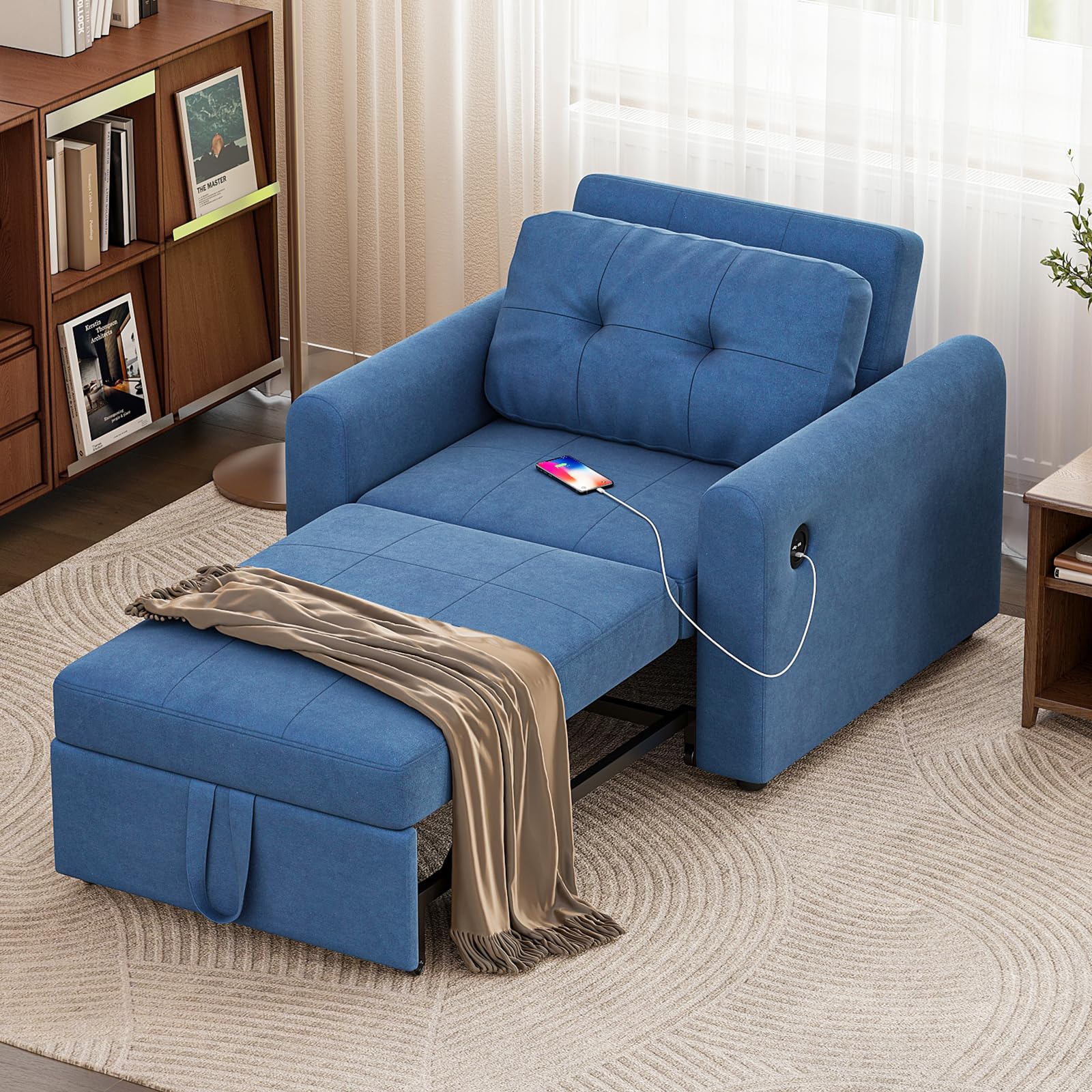 Luxstein Single Sofa Bed, 3-in-1 Convertible Sleeper Sofa Chair with Adjustable Backrest, USB Port and Side Pockets, Pull Out Sofa Beds for Living Room Guest Room Office, Blue