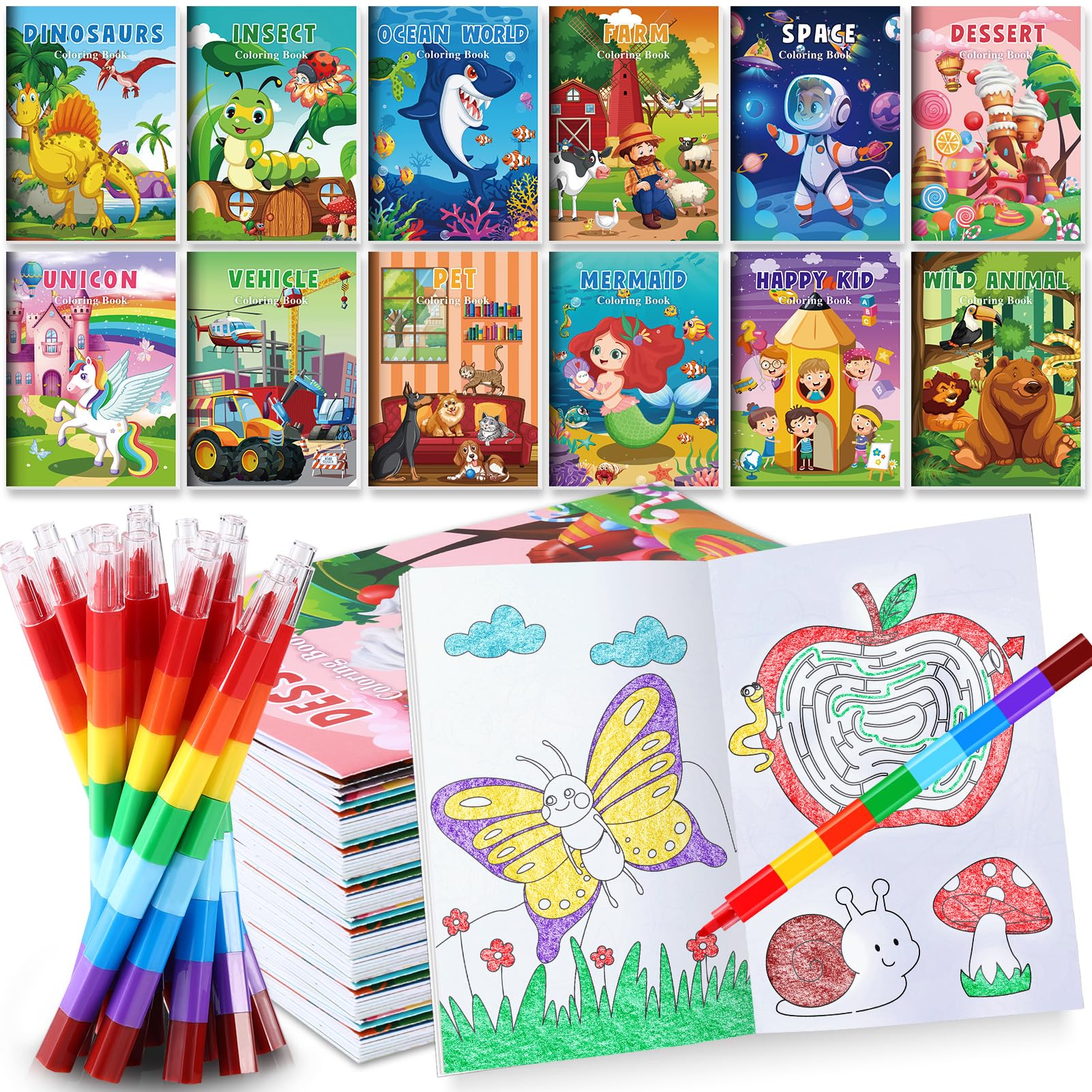 BenLouis Coloring Books for Kids With Stacking Crayons Set Mini Coloring Books Bulk for Ages 4-8-12 Small Activity Books for Birthday Party Gifts Goodie Bags Stuffers Travel?12+12Pcs Colorful?