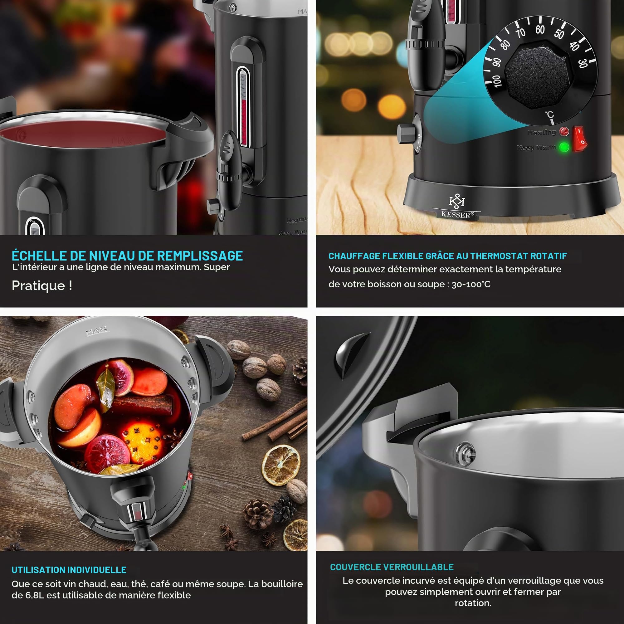 KESSER bouilloire à vin chaud 6,8 l en acier inoxydable avec 10 tasses bouilloire à vin chaud avec thermostat distributeur d'eau chaude distributeur d'eau chaude indicateur de niveau robinet robinet
