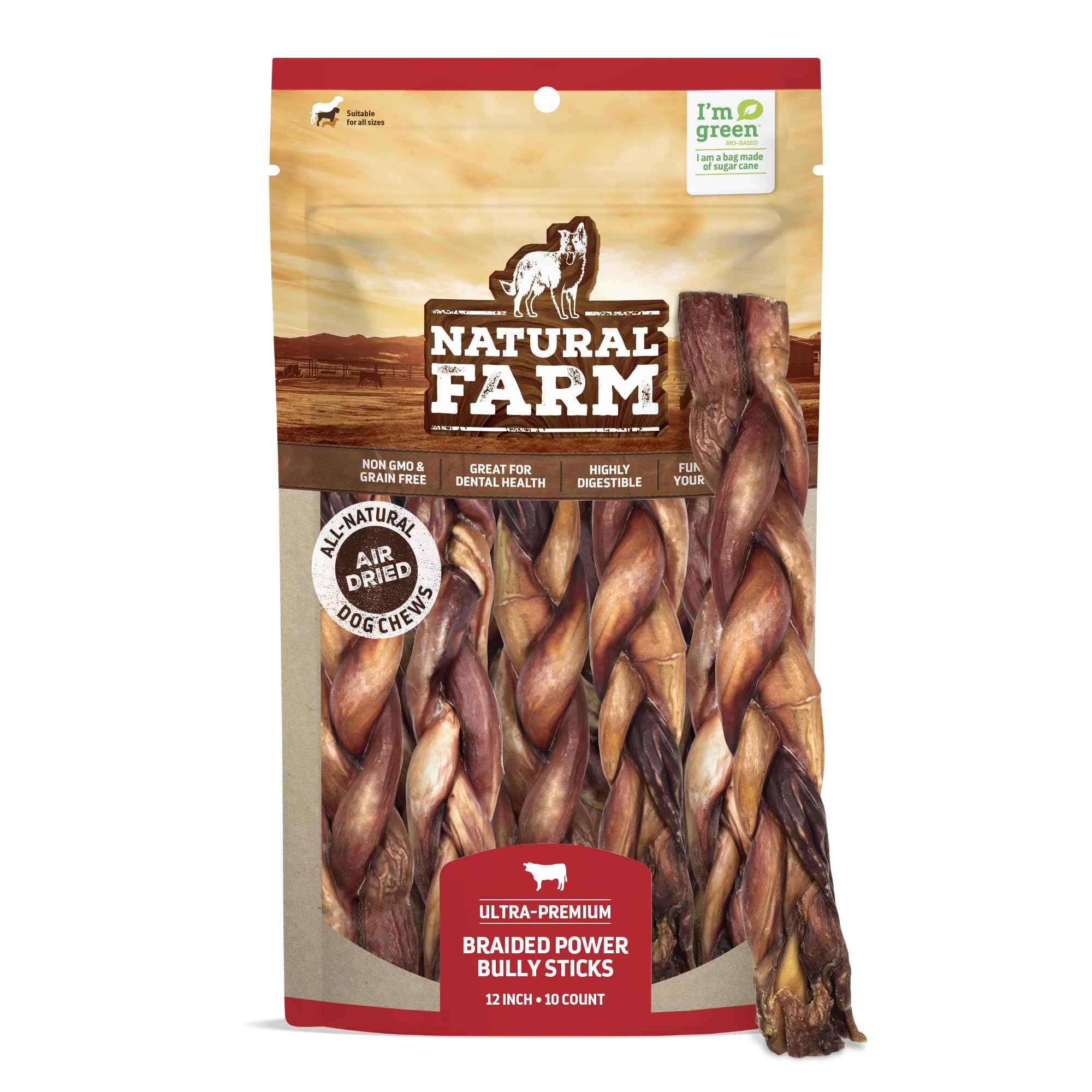 Natural FarmBraided Power Bully Sticks Dog Chews (12”, 10-Pack), 2-in-1 Power Chews: Premium Beef Cheek Wrapped in Beef Pizzle, Braided Together for a Very Long Lasting Chew, Great for Large Dogs