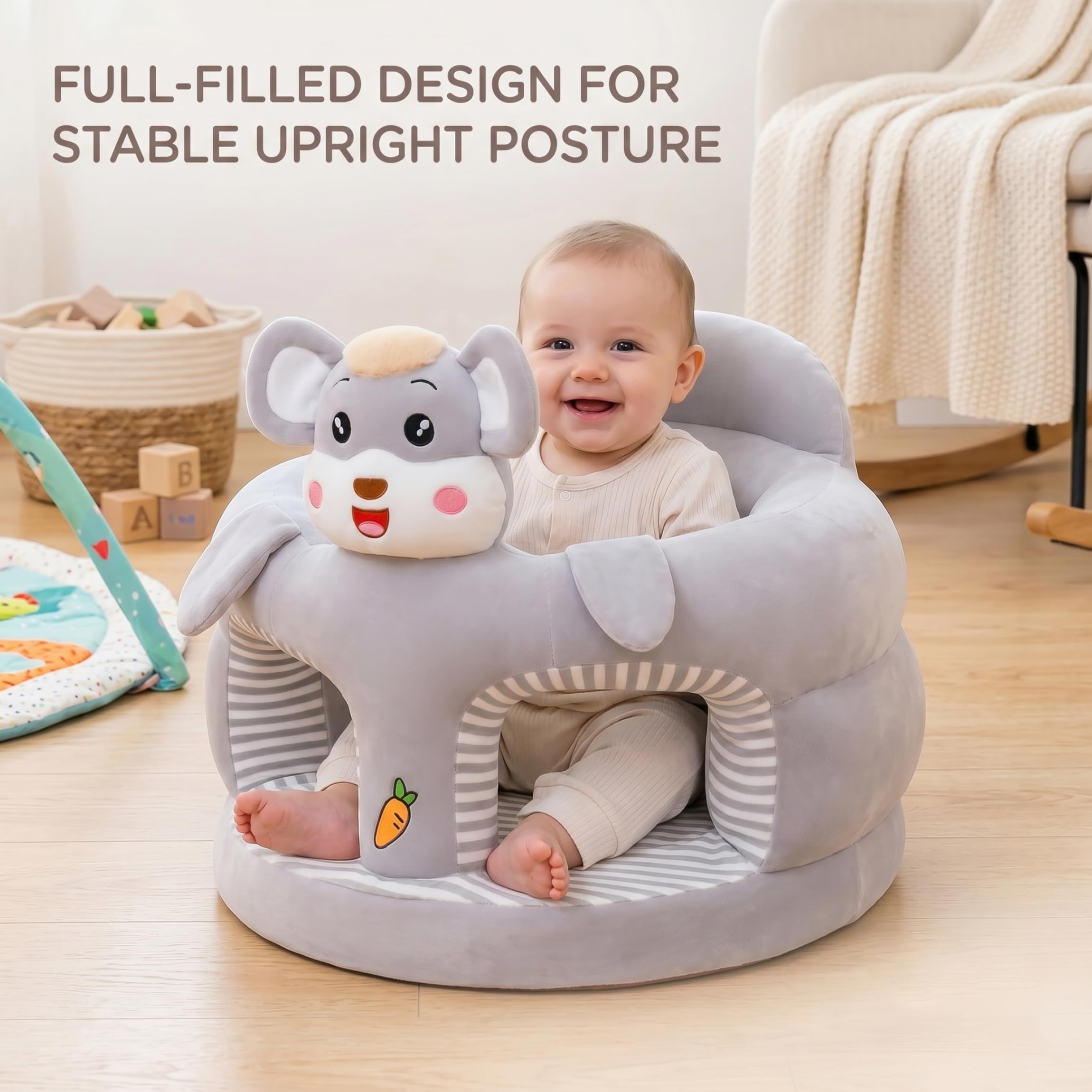 Baby Sit Up Stuhl niedlicher Cartoon Plüsch Sit Me Up Bodensitz für Babys weiche hautfreundliche Sitzunterstützung Grau