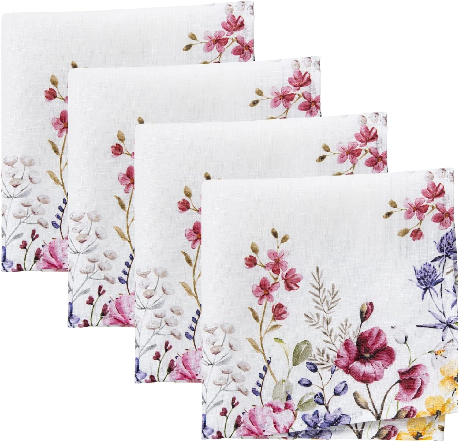 Elrene Home Fashions Poppy Wildflower Botanical Border Fabric Napkins, 17 Inches by