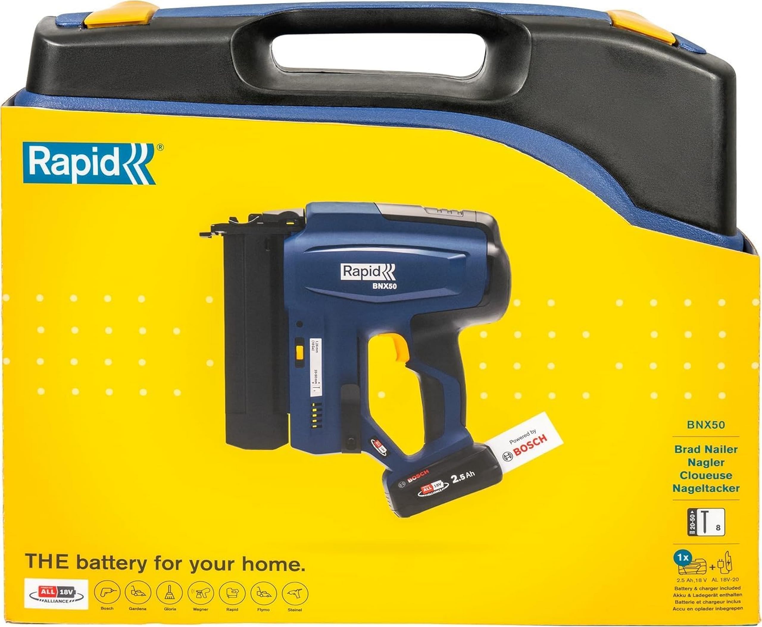 Rapid BNX50 18V Pistola Chiodatrice Alimentata a Batteria con Profondità di Infissione Regolabile, Sparo Singolo o per Contatto, Include Caricabatterie, Batteria 2,5 Ah e Valigetta (5001498)