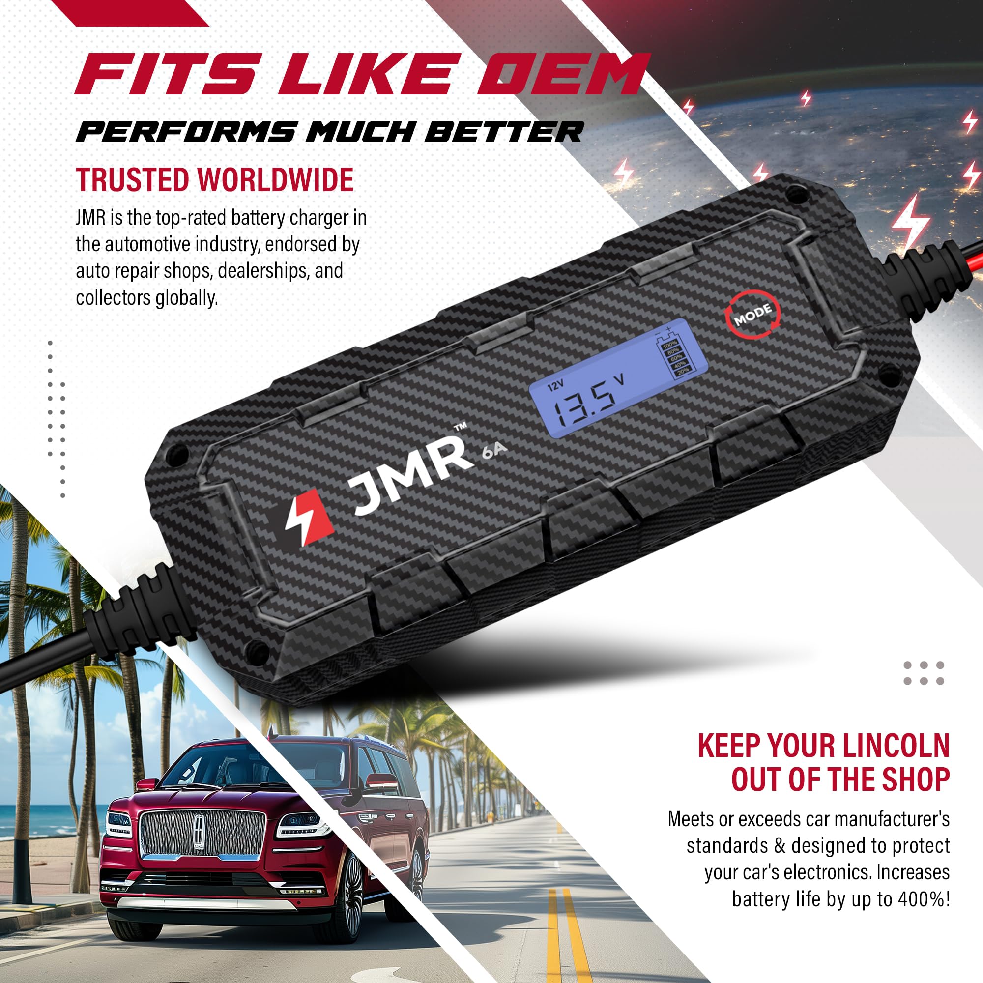 JMR Cargador de Bateria para Lincoln Navigator Aviator Continental Nautilus MKX Town Car MKT MKZ MKS MKC Corsair LS Todos los Modelos Mantenedor de Carga Acondicionador (Sin Modo Litio)