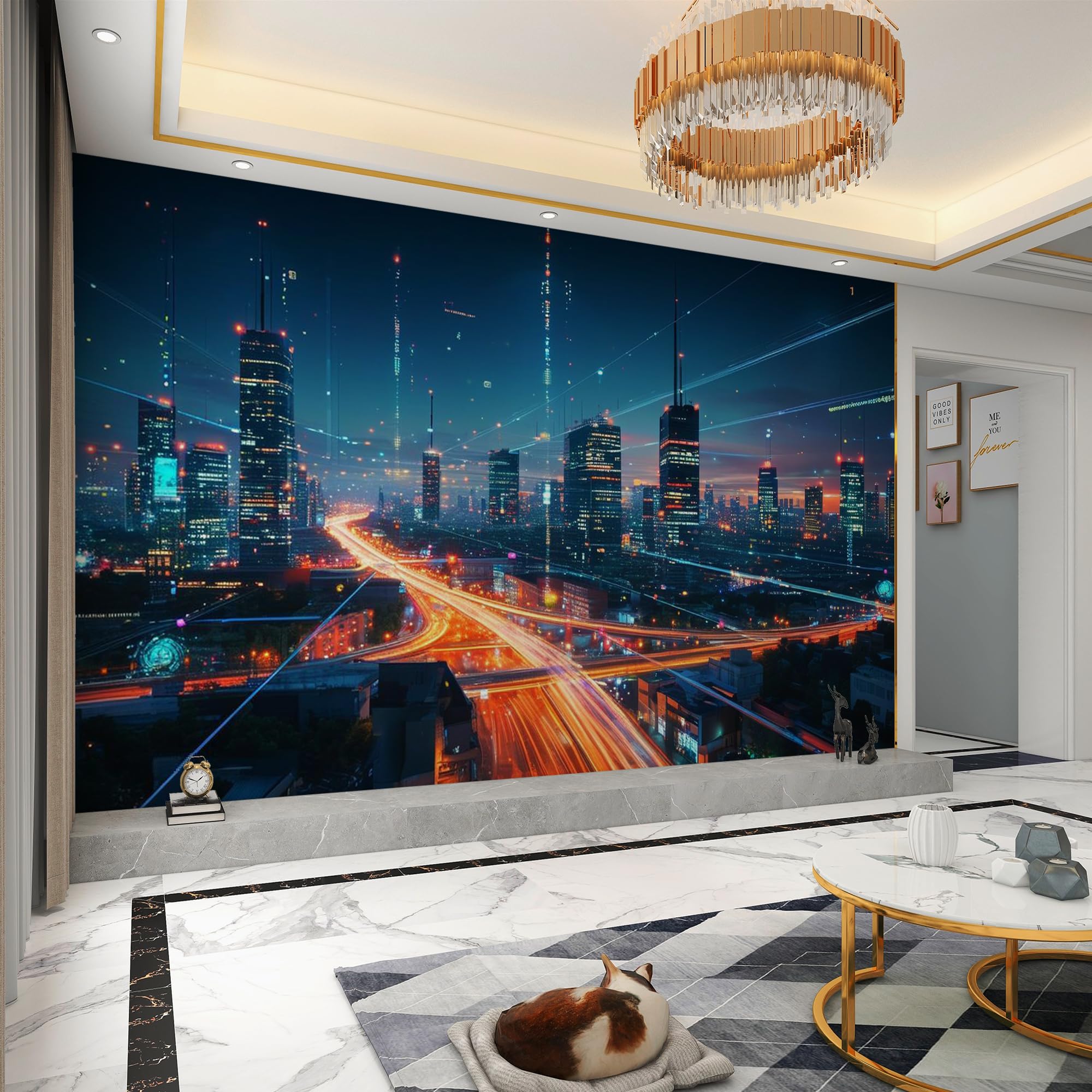 Carta da parati effetto 3D Città Moderna 366x 254 cm Murale Non Tessuto Vista Notturna Fotomurale Stampa HD Moderna Poster Per Soggiorno E Camera Da Letto Design 2M1000