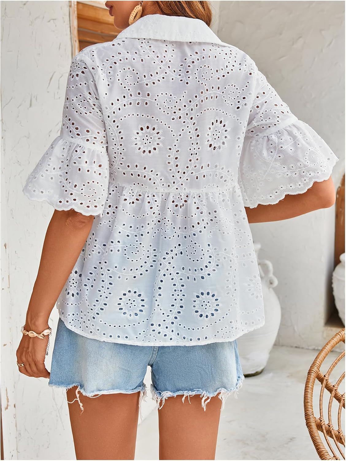 SHENHE Women's Boho Tops Button Down Short Sleeve Eyelet Shirt Ruffle Hem Babydoll Blouse - Image 2