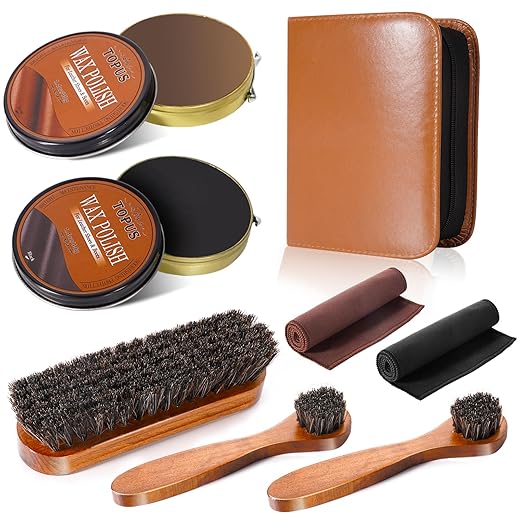 TOPUS Shoe Polish Kit Include 3 Pieces Horsehair Shoe Brushes in 6.7IN Handle, 1.4oz Black & Brown Shoe Polish & Shine Cloths