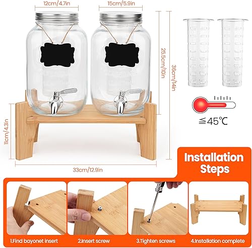 Miniatura 3 de Juego de 2 dispensadores de bebidas de vidrio para fiestas, dispensadores de bebidas de hielo de 1 galón con soporte, dispensador de jugo con