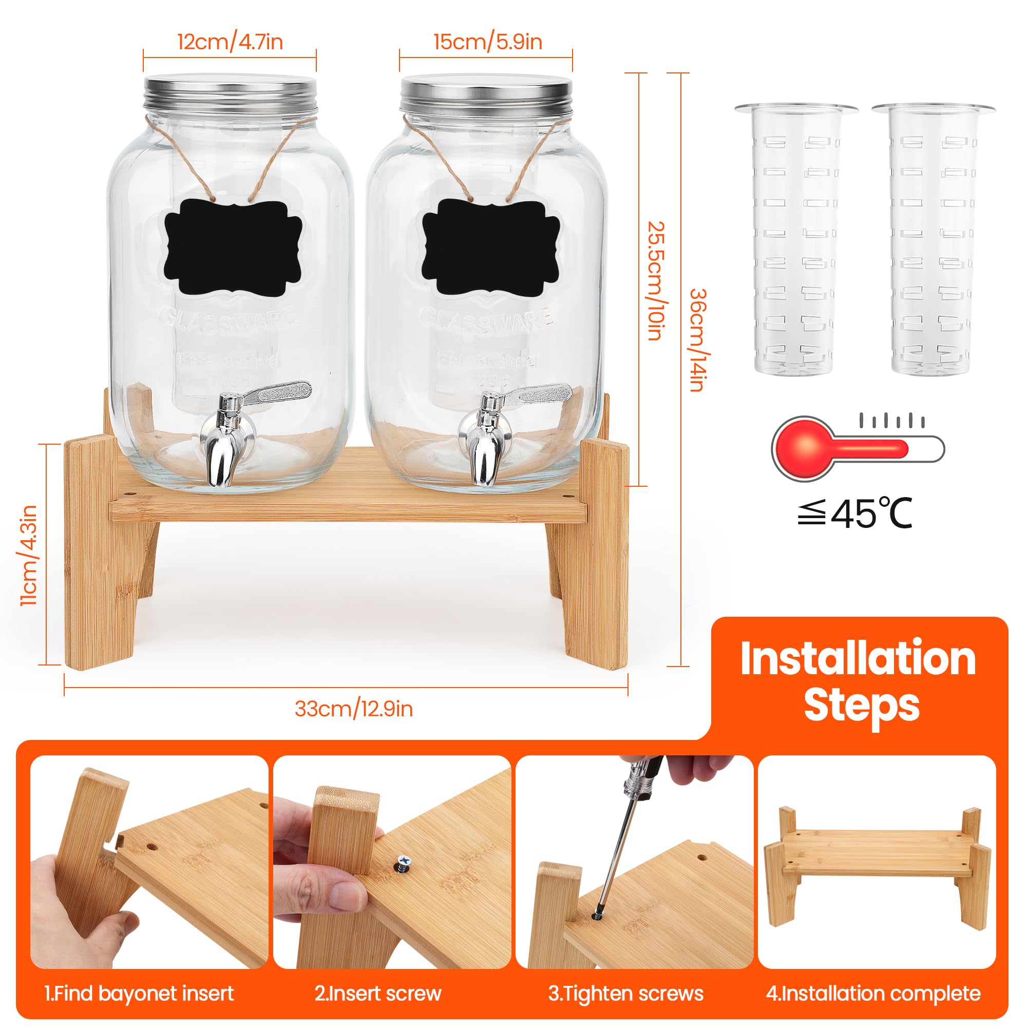 Juego de 2 dispensadores de bebidas de vidrio para fiestas, dispensadores de bebidas heladas de 1 galón con soporte, dispensador de jugo con infusor de frutas y espiga a prueba de fugas, ideal para